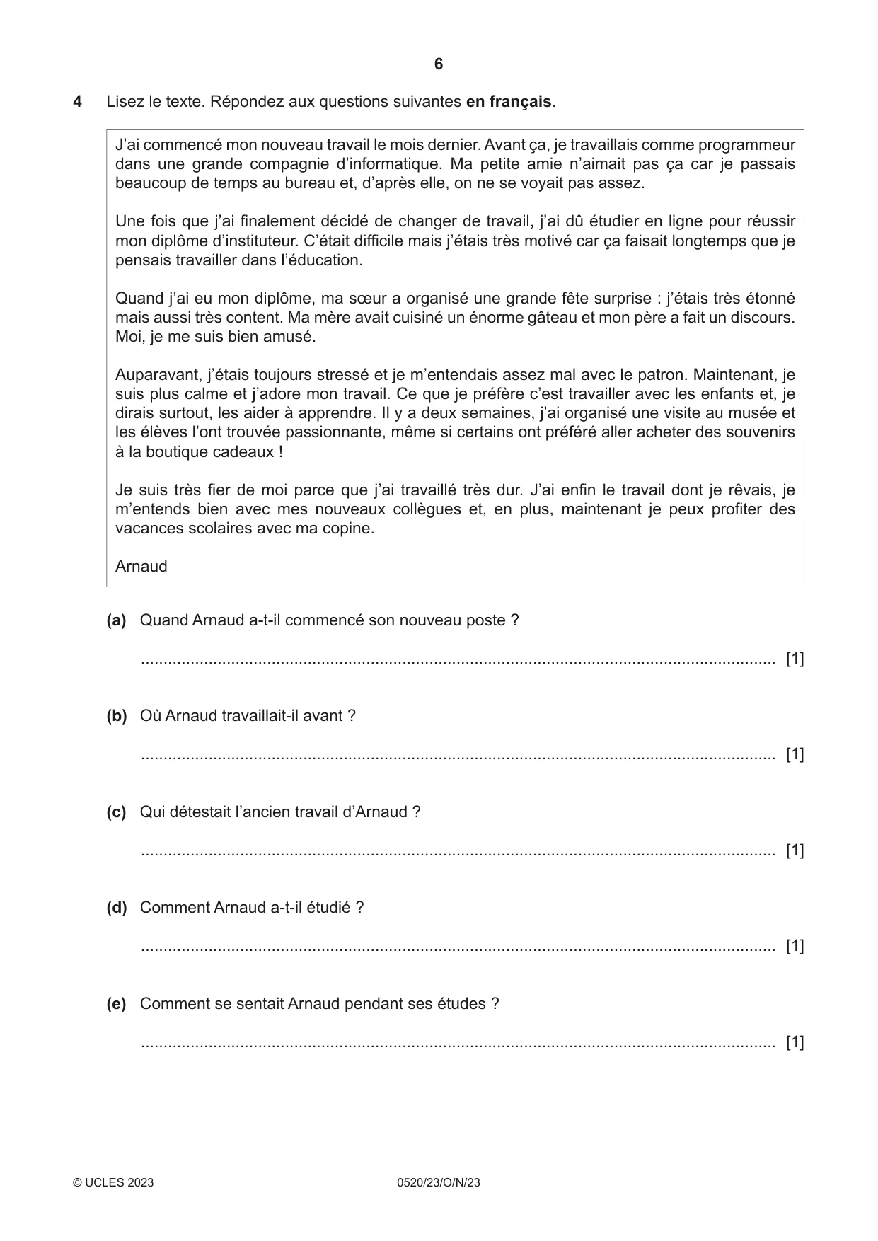 Cambridge IGCSE French - Foreign Language 0520 2023 Oct/Nov Paper 2 · Variant 3 question paper, page 6 of 12