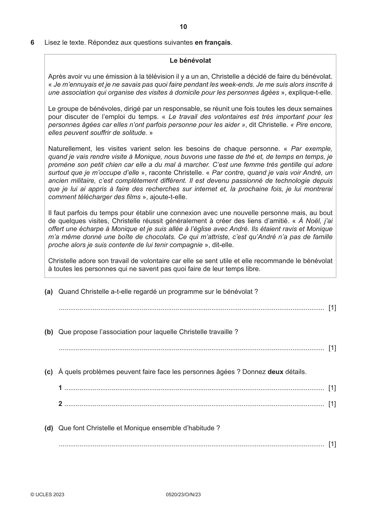 Cambridge IGCSE French - Foreign Language 0520 2023 Oct/Nov Paper 2 · Variant 3 question paper, page 10 of 12