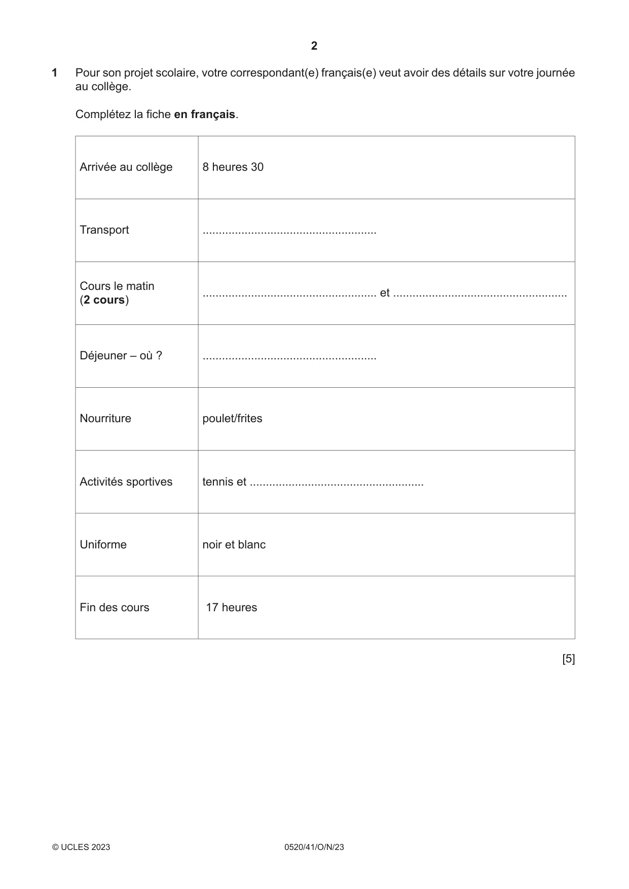 Cambridge IGCSE French - Foreign Language 0520 2023 Oct/Nov Paper 4 · Variant 1 question paper, page 2 of 8
