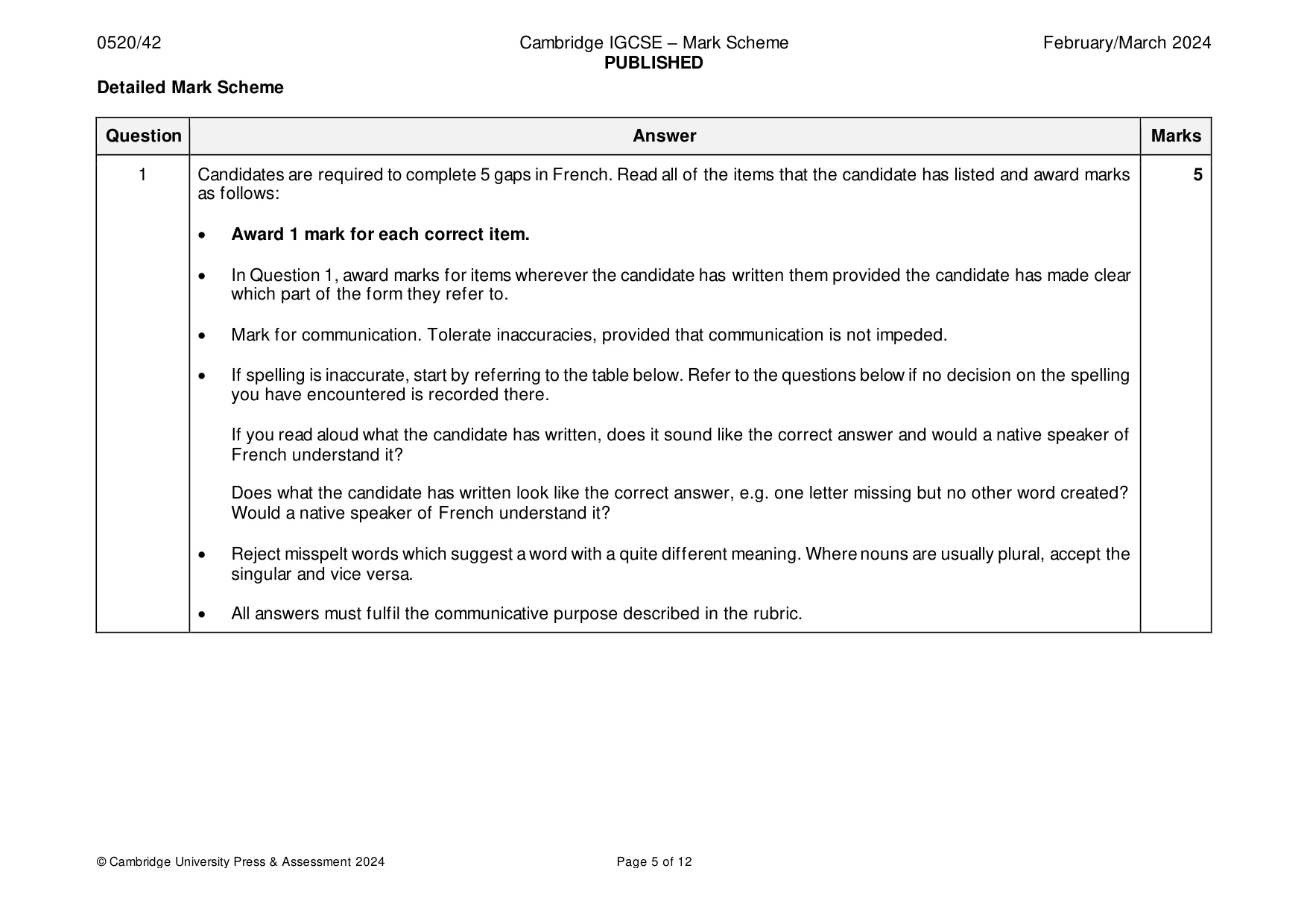 Mark scheme, page 5 of 12