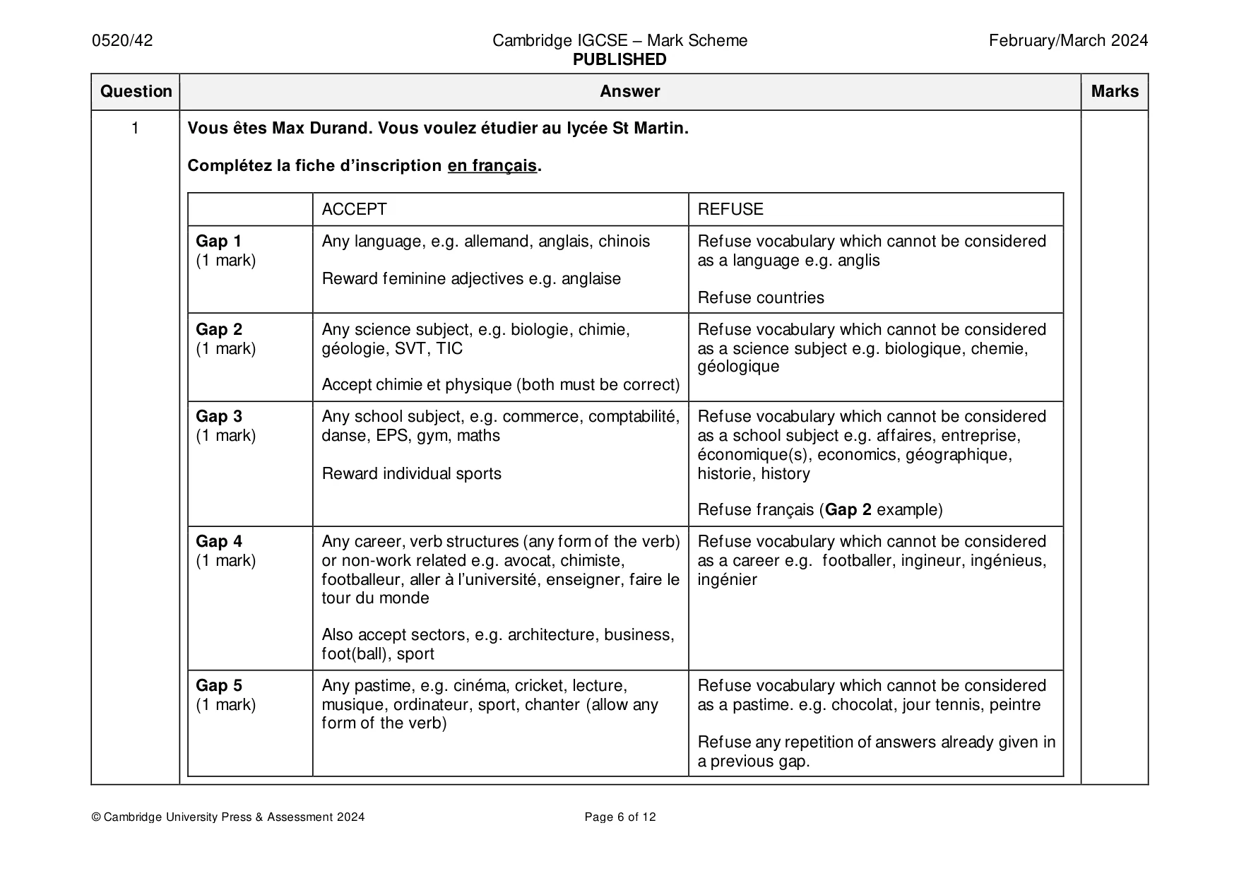 Mark scheme, page 6 of 12