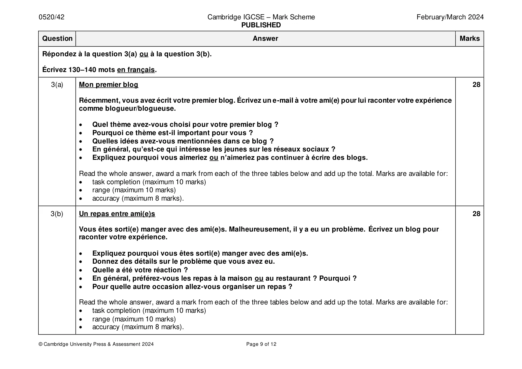 Mark scheme, page 9 of 12