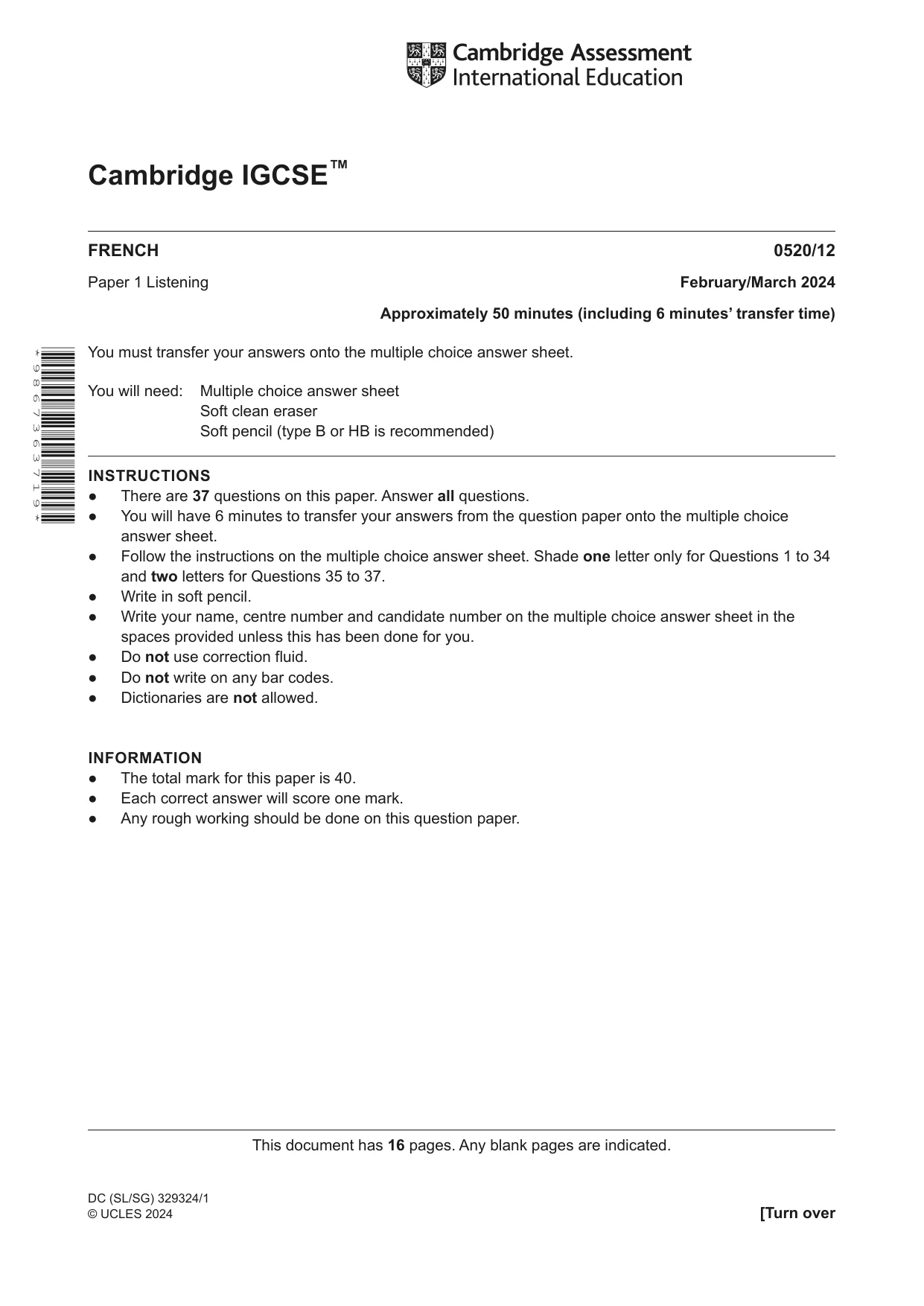 Cambridge IGCSE French - Foreign Language 0520 2024 Feb/March Paper 1 · Variant 2 question paper, page 1 of 16