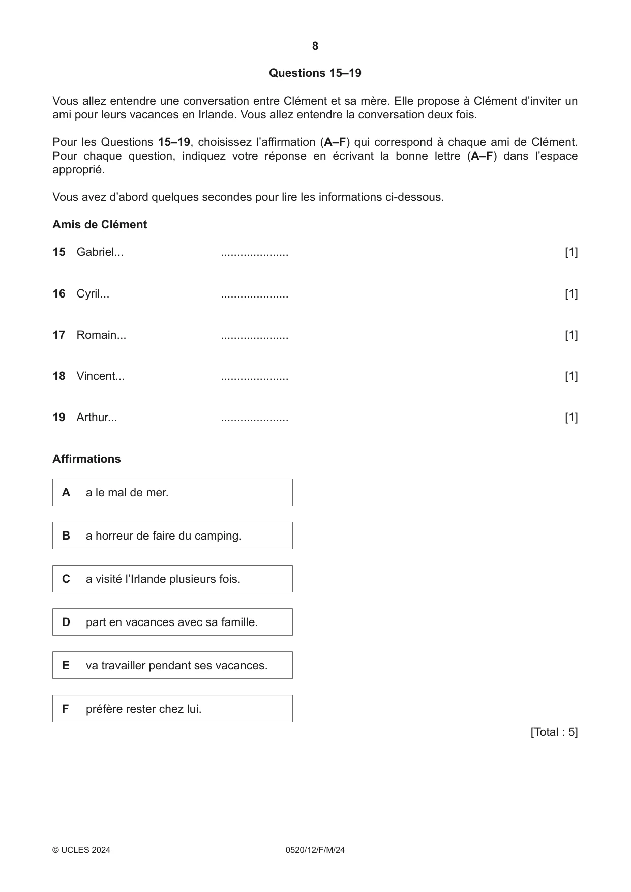 Cambridge IGCSE French - Foreign Language 0520 2024 Feb/March Paper 1 · Variant 2 question paper, page 8 of 16