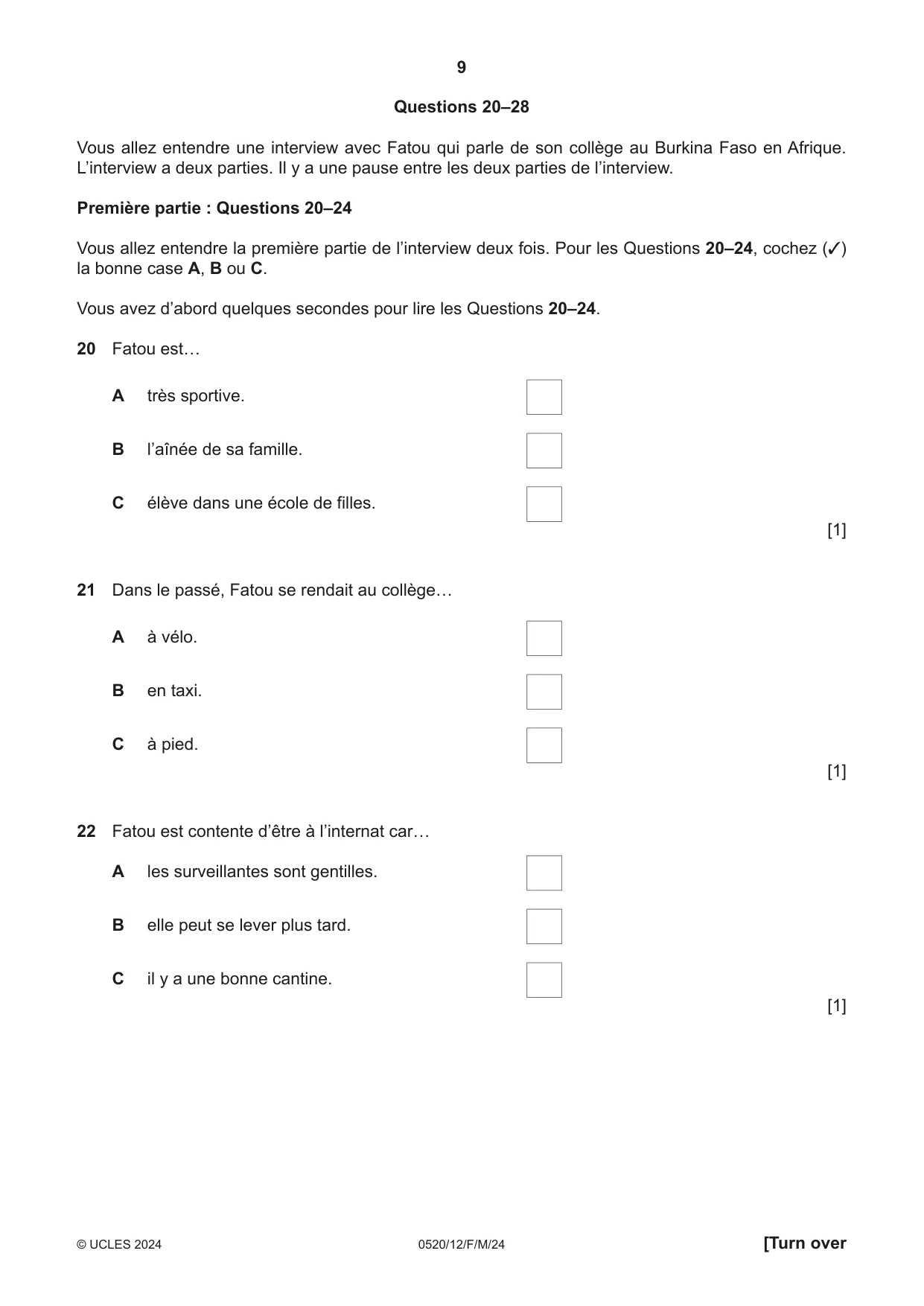 Cambridge IGCSE French - Foreign Language 0520 2024 Feb/March Paper 1 · Variant 2 question paper, page 9 of 16