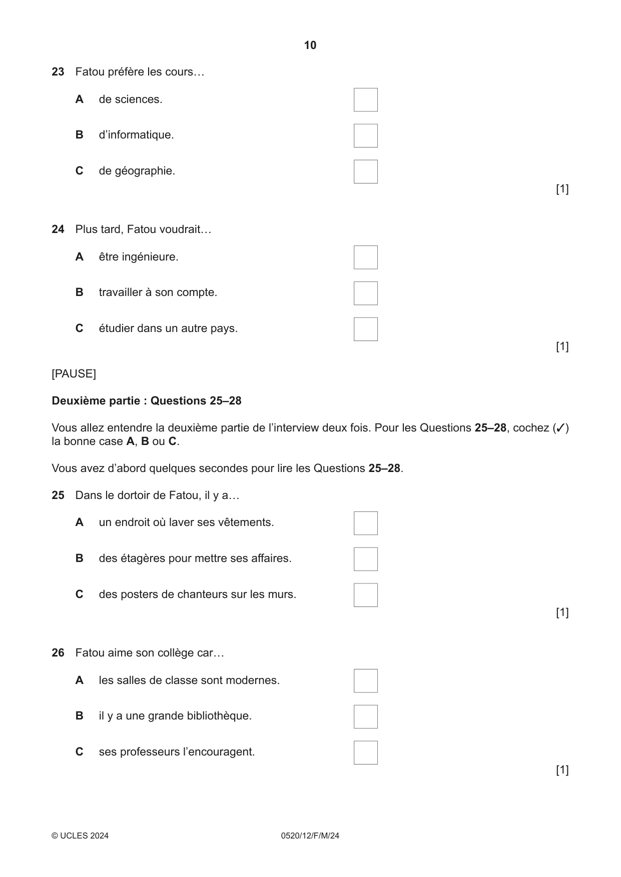 Cambridge IGCSE French - Foreign Language 0520 2024 Feb/March Paper 1 · Variant 2 question paper, page 10 of 16
