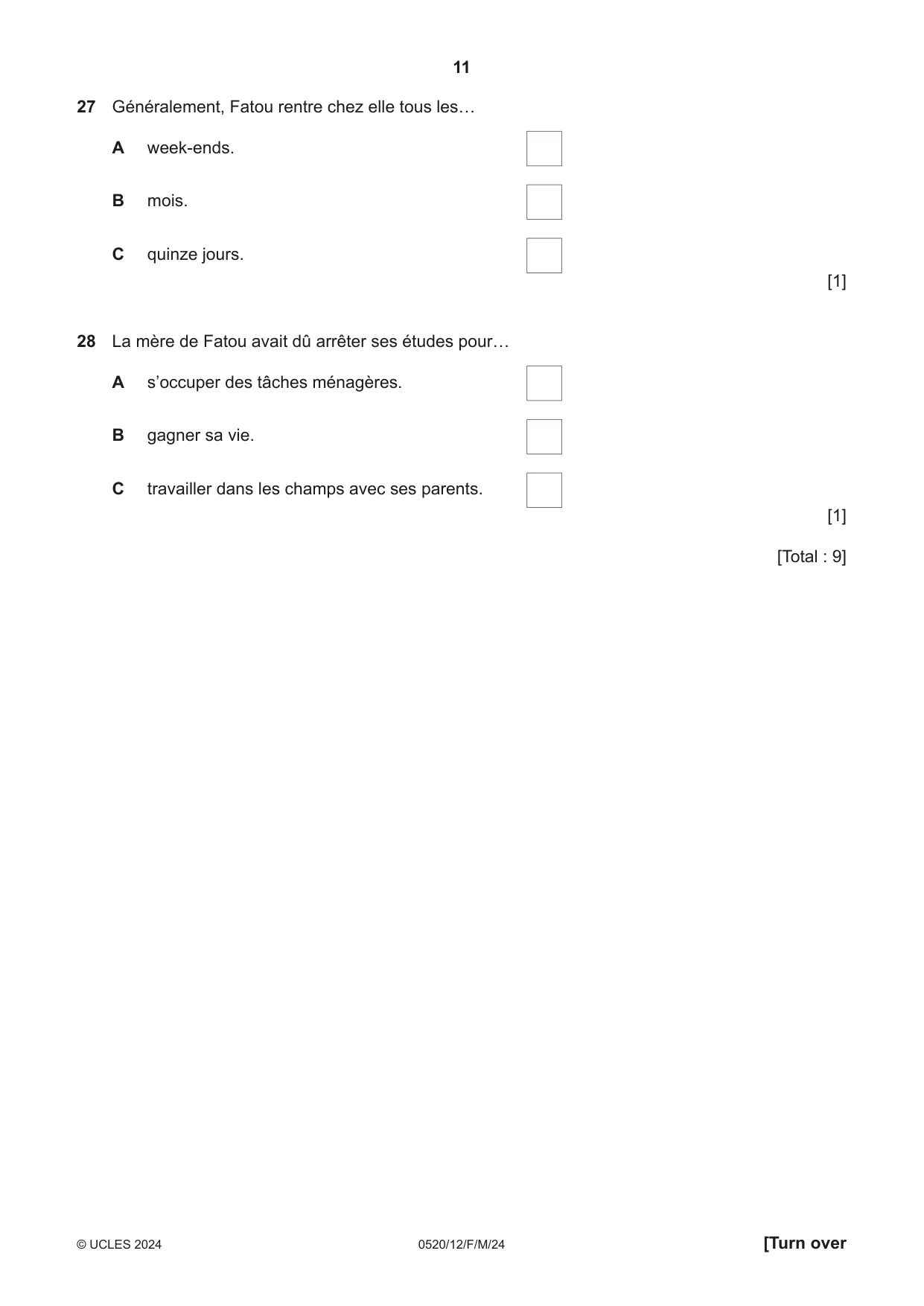 Cambridge IGCSE French - Foreign Language 0520 2024 Feb/March Paper 1 · Variant 2 question paper, page 11 of 16