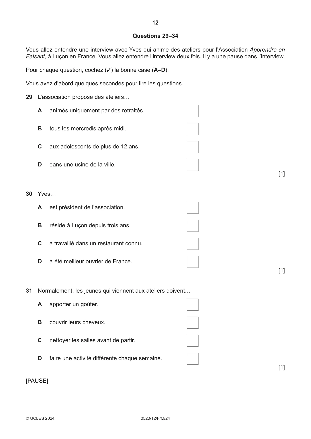 Cambridge IGCSE French - Foreign Language 0520 2024 Feb/March Paper 1 · Variant 2 question paper, page 12 of 16