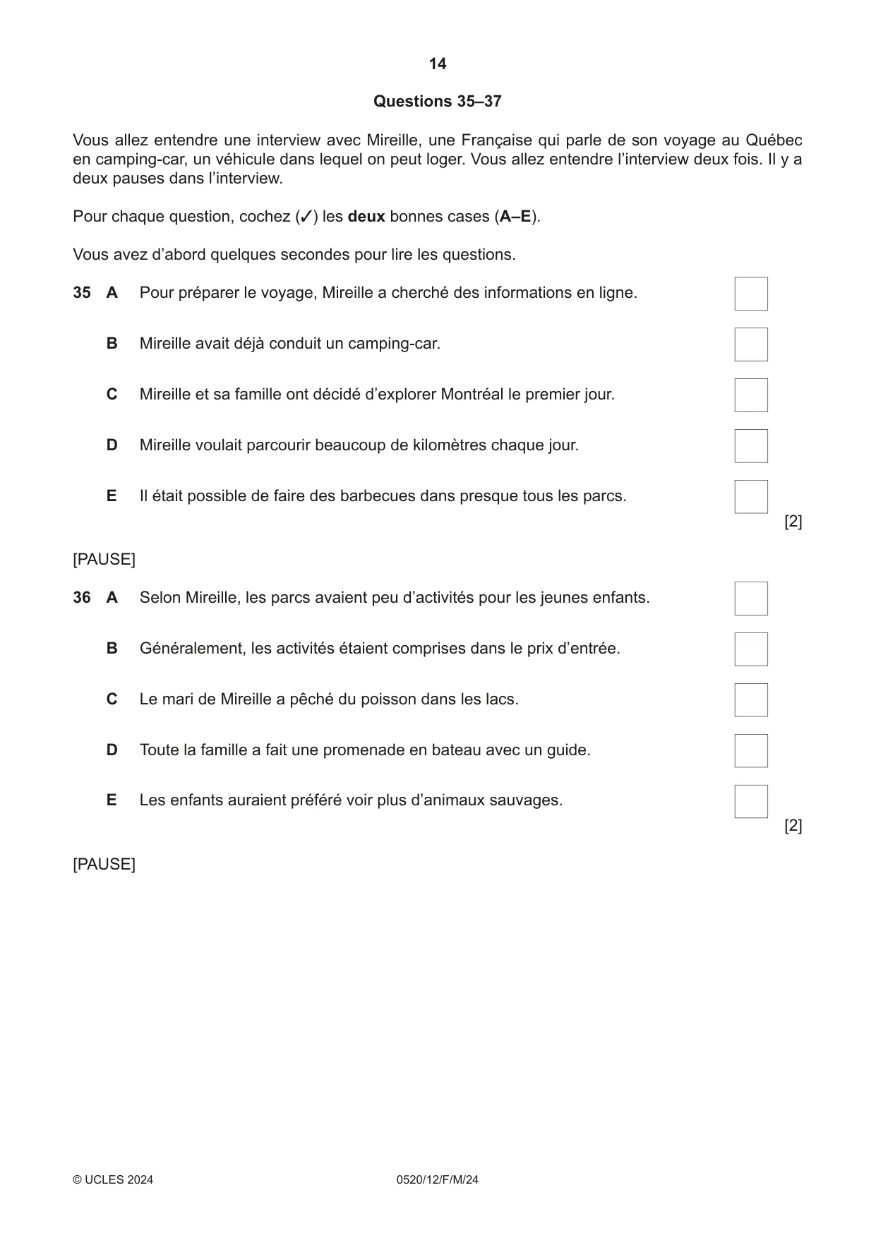Cambridge IGCSE French - Foreign Language 0520 2024 Feb/March Paper 1 · Variant 2 question paper, page 14 of 16