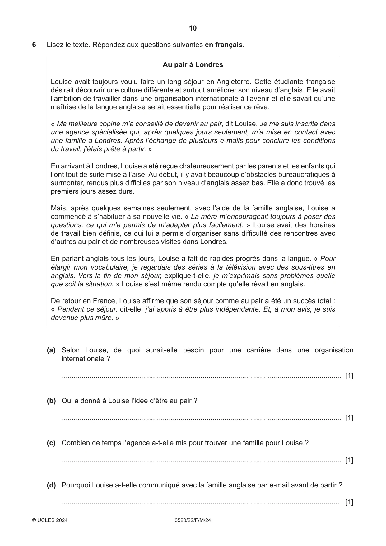 Cambridge IGCSE French - Foreign Language 0520 2024 Feb/March Paper 2 · Variant 2 question paper, page 10 of 12
