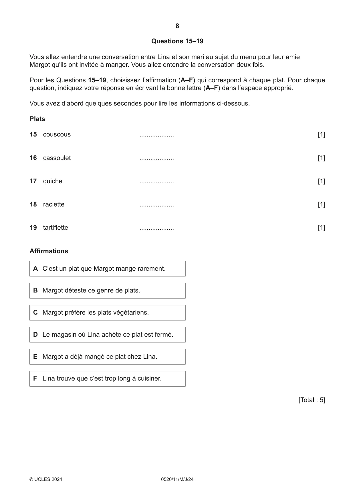 Cambridge IGCSE French - Foreign Language 0520 2024 May/June Paper 1 · Variant 1 question paper, page 8 of 16