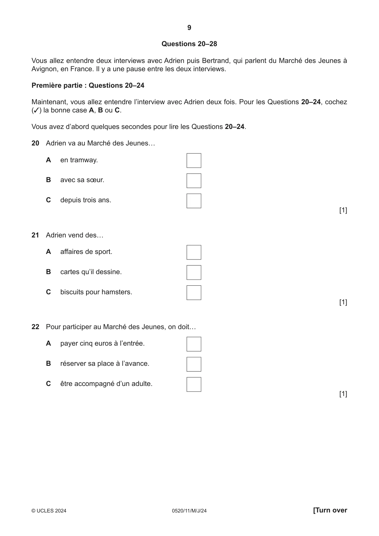Cambridge IGCSE French - Foreign Language 0520 2024 May/June Paper 1 · Variant 1 question paper, page 9 of 16