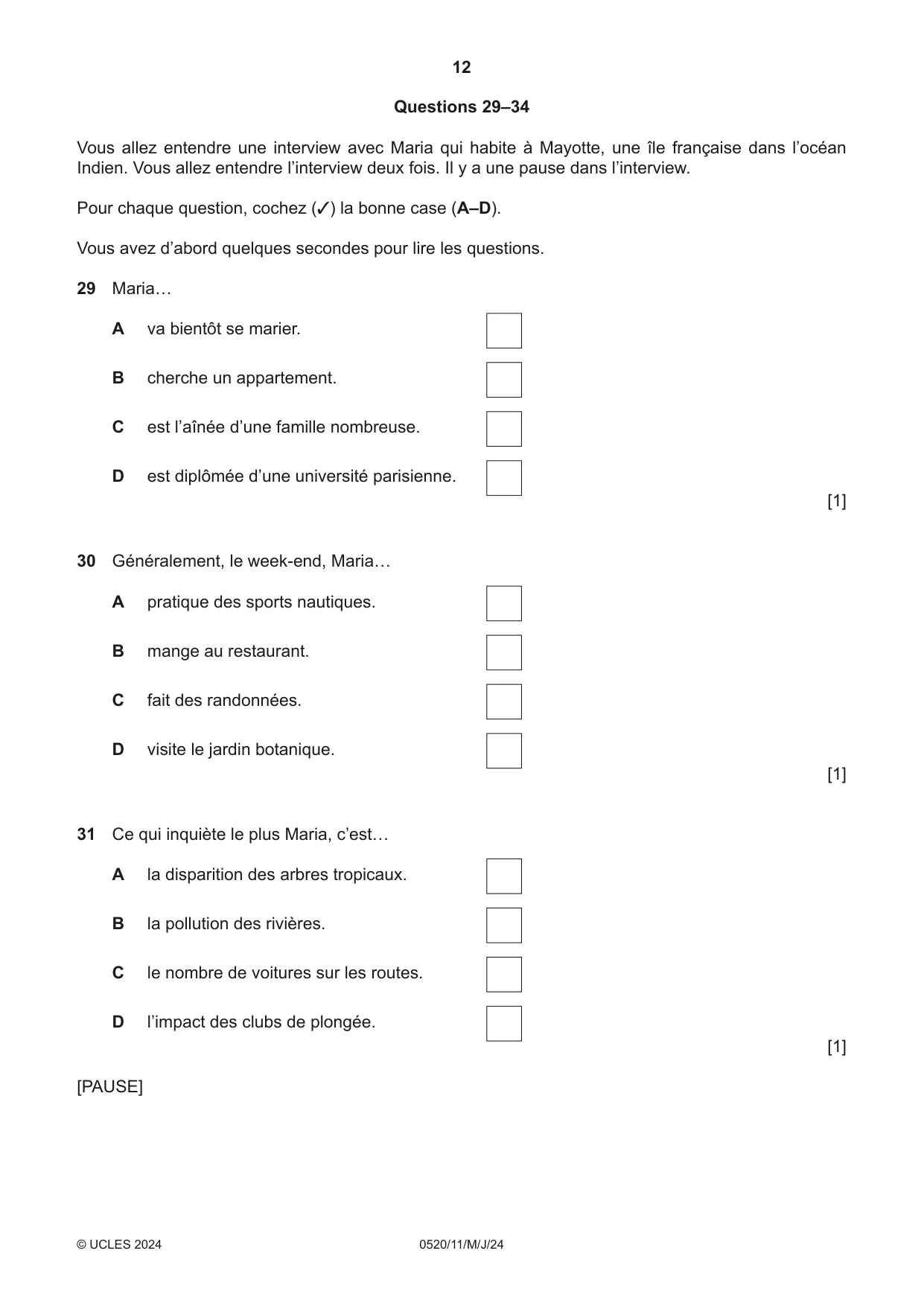 Cambridge IGCSE French - Foreign Language 0520 2024 May/June Paper 1 · Variant 1 question paper, page 12 of 16