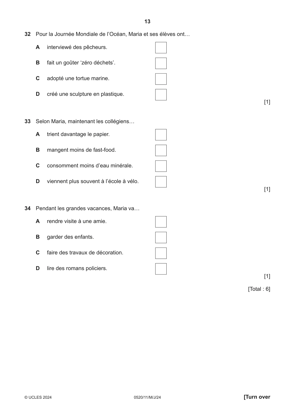 Cambridge IGCSE French - Foreign Language 0520 2024 May/June Paper 1 · Variant 1 question paper, page 13 of 16