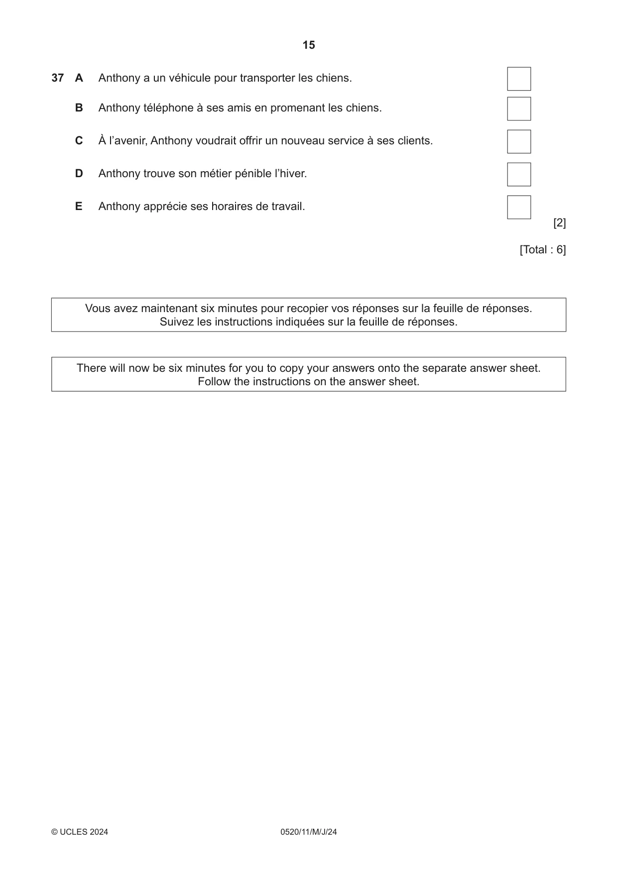 Cambridge IGCSE French - Foreign Language 0520 2024 May/June Paper 1 · Variant 1 question paper, page 15 of 16