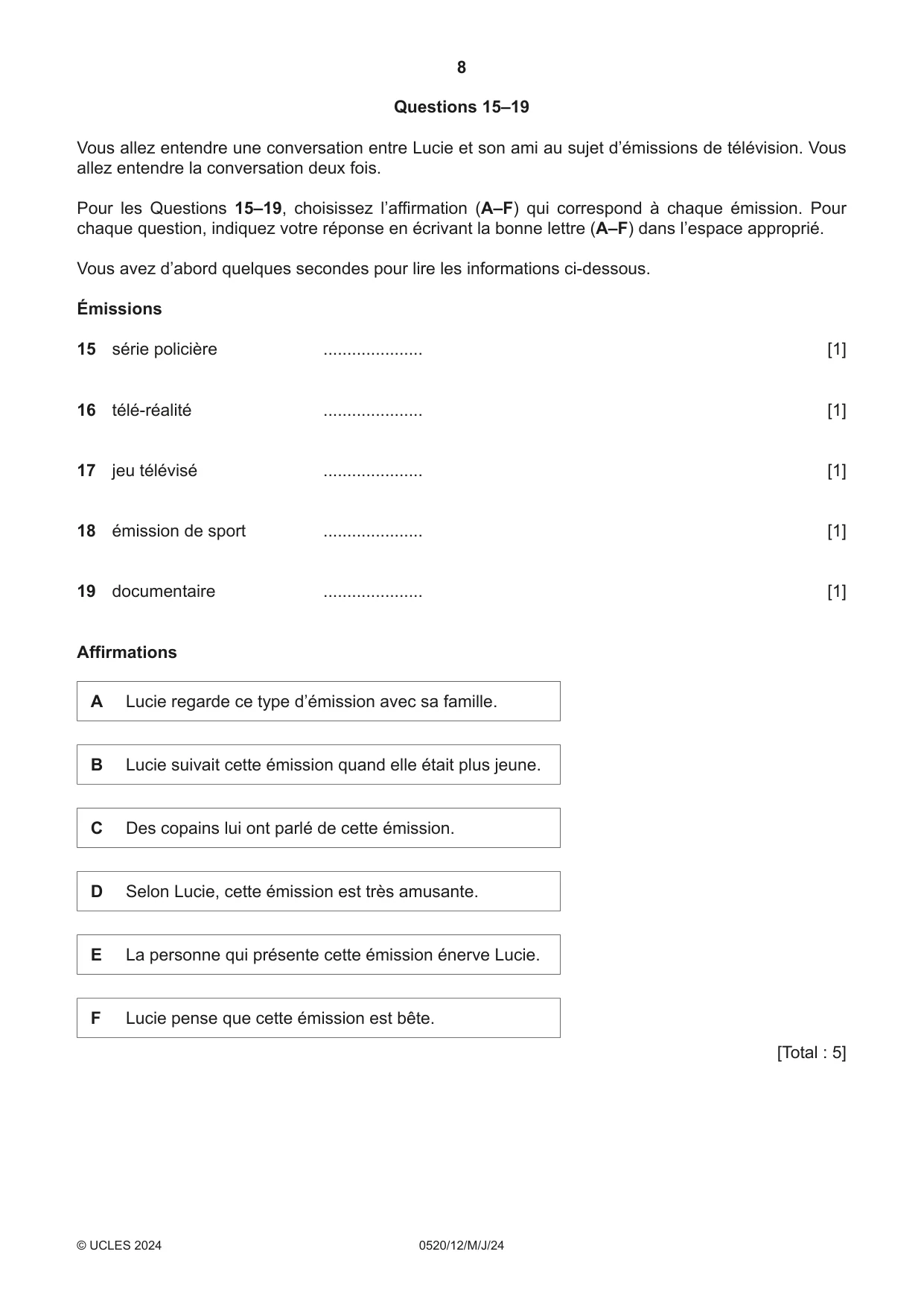 Cambridge IGCSE French - Foreign Language 0520 2024 May/June Paper 1 · Variant 2 question paper, page 8 of 16