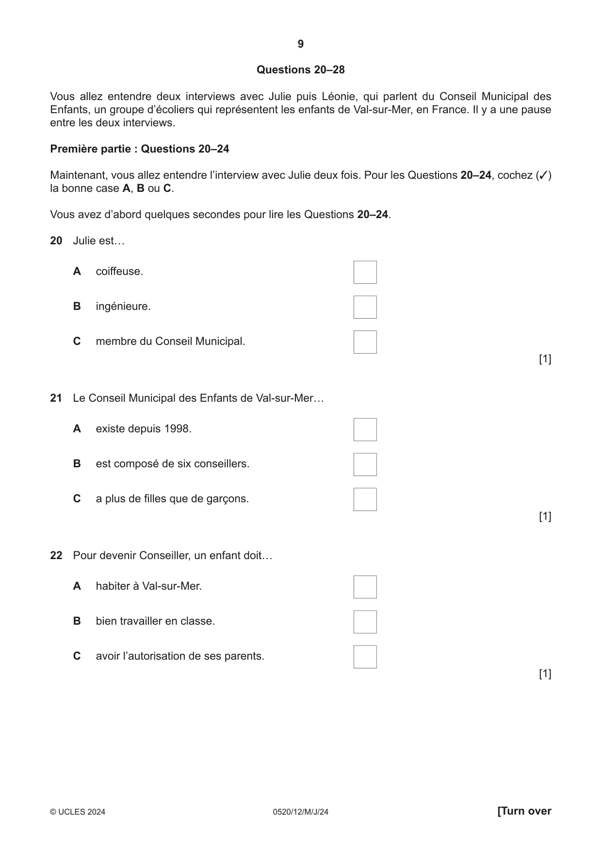 Cambridge IGCSE French - Foreign Language 0520 2024 May/June Paper 1 · Variant 2 question paper, page 9 of 16
