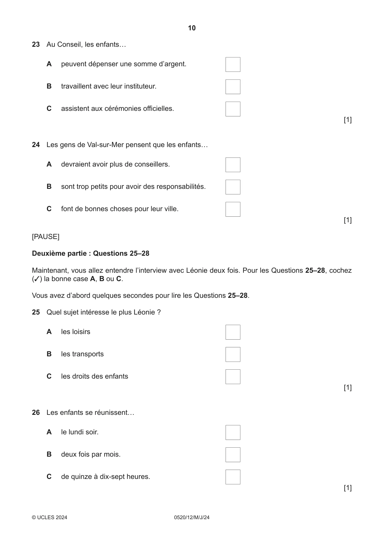 Cambridge IGCSE French - Foreign Language 0520 2024 May/June Paper 1 · Variant 2 question paper, page 10 of 16