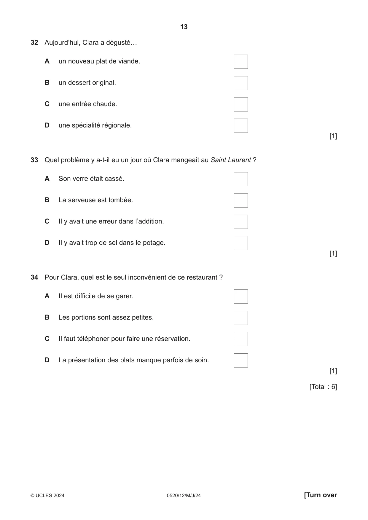 Cambridge IGCSE French - Foreign Language 0520 2024 May/June Paper 1 · Variant 2 question paper, page 13 of 16