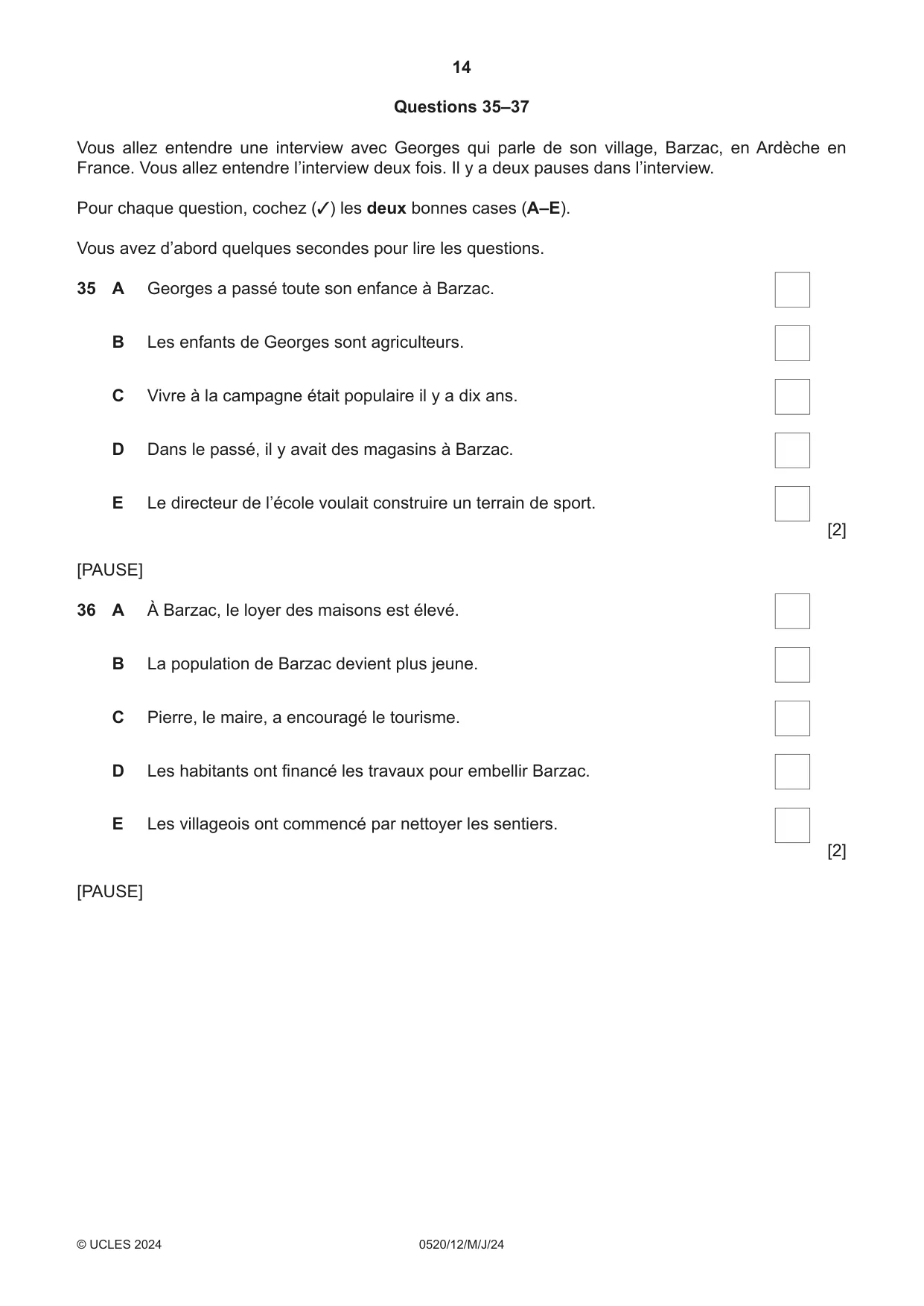 Cambridge IGCSE French - Foreign Language 0520 2024 May/June Paper 1 · Variant 2 question paper, page 14 of 16