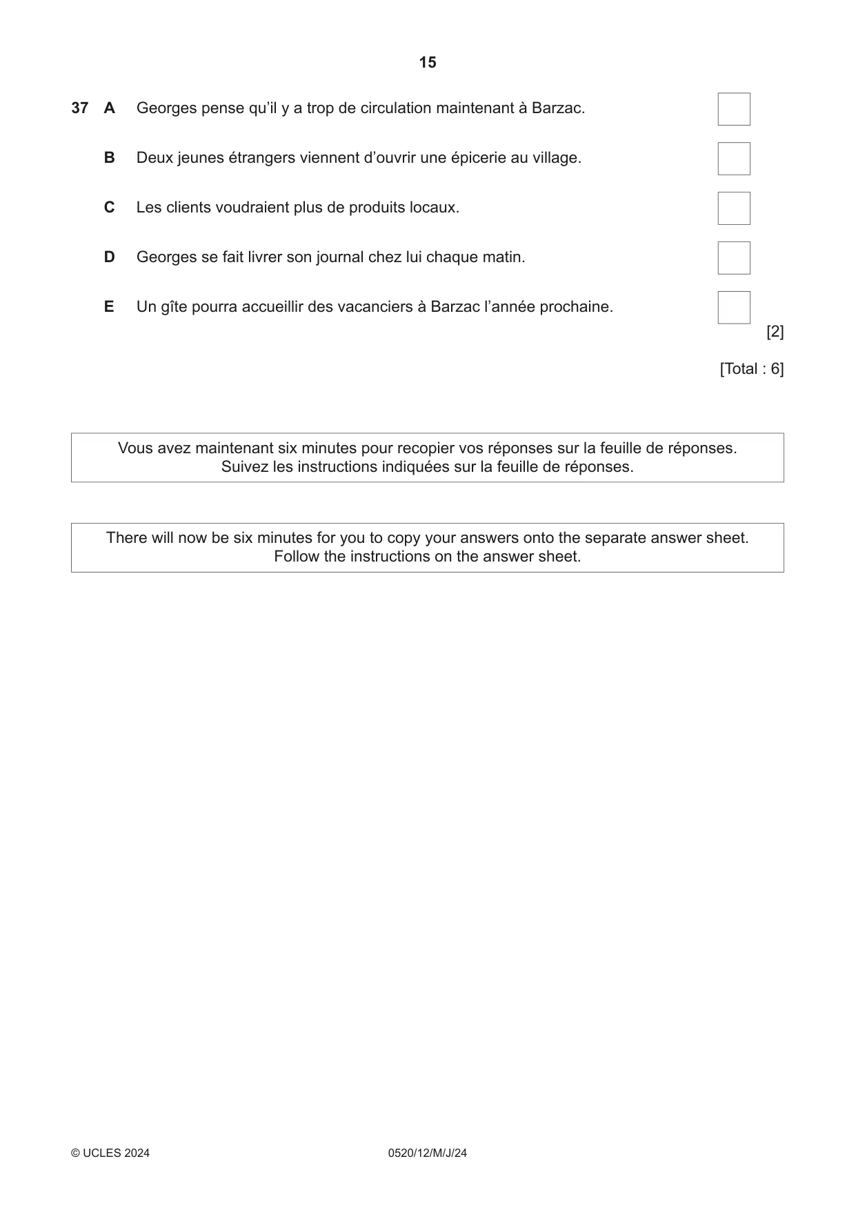 Cambridge IGCSE French - Foreign Language 0520 2024 May/June Paper 1 · Variant 2 question paper, page 15 of 16