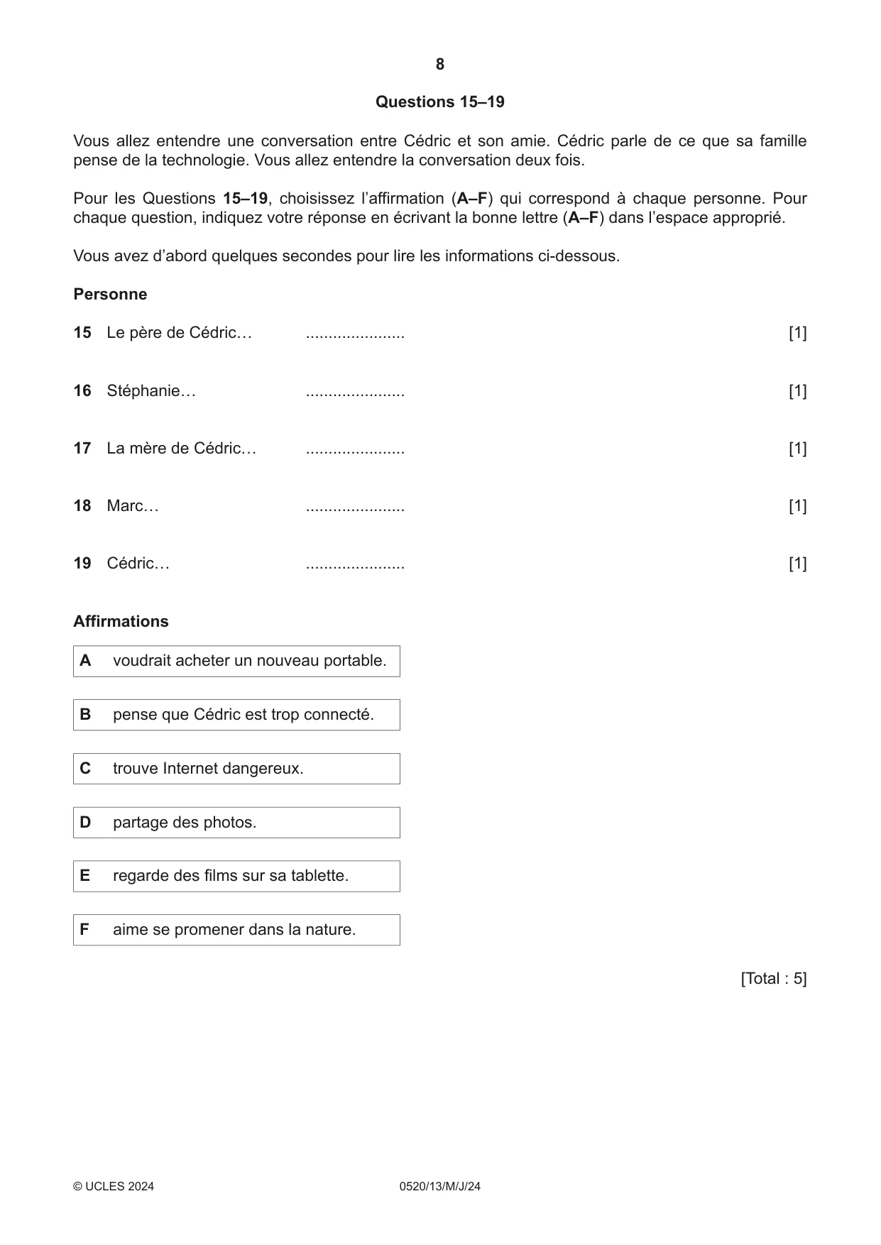 Cambridge IGCSE French - Foreign Language 0520 2024 May/June Paper 1 · Variant 3 question paper, page 8 of 16