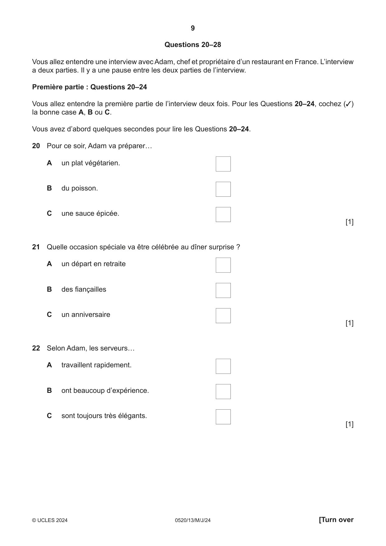 Cambridge IGCSE French - Foreign Language 0520 2024 May/June Paper 1 · Variant 3 question paper, page 9 of 16