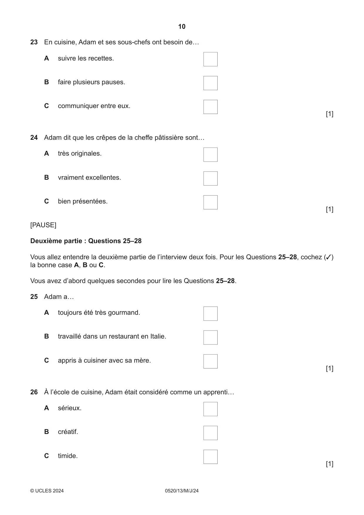 Cambridge IGCSE French - Foreign Language 0520 2024 May/June Paper 1 · Variant 3 question paper, page 10 of 16