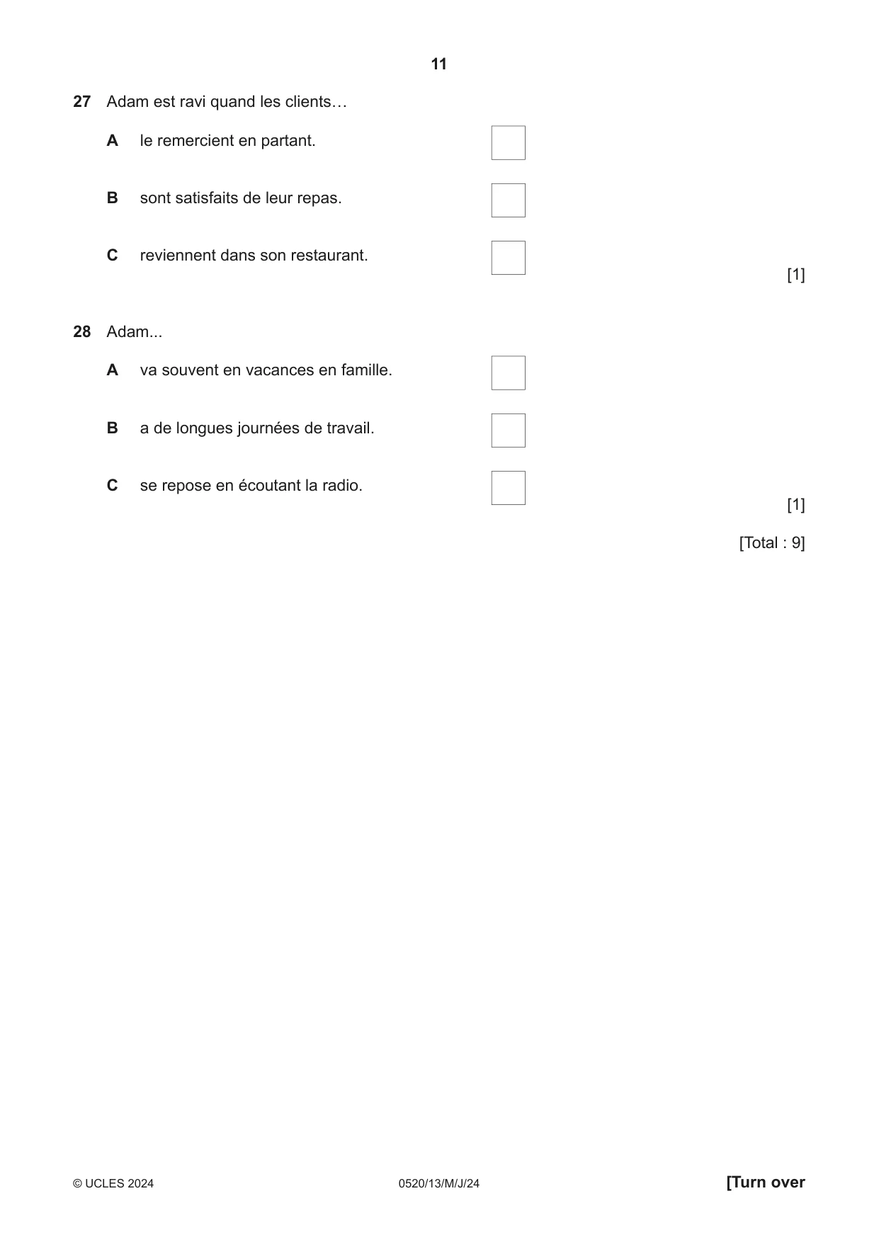 Cambridge IGCSE French - Foreign Language 0520 2024 May/June Paper 1 · Variant 3 question paper, page 11 of 16
