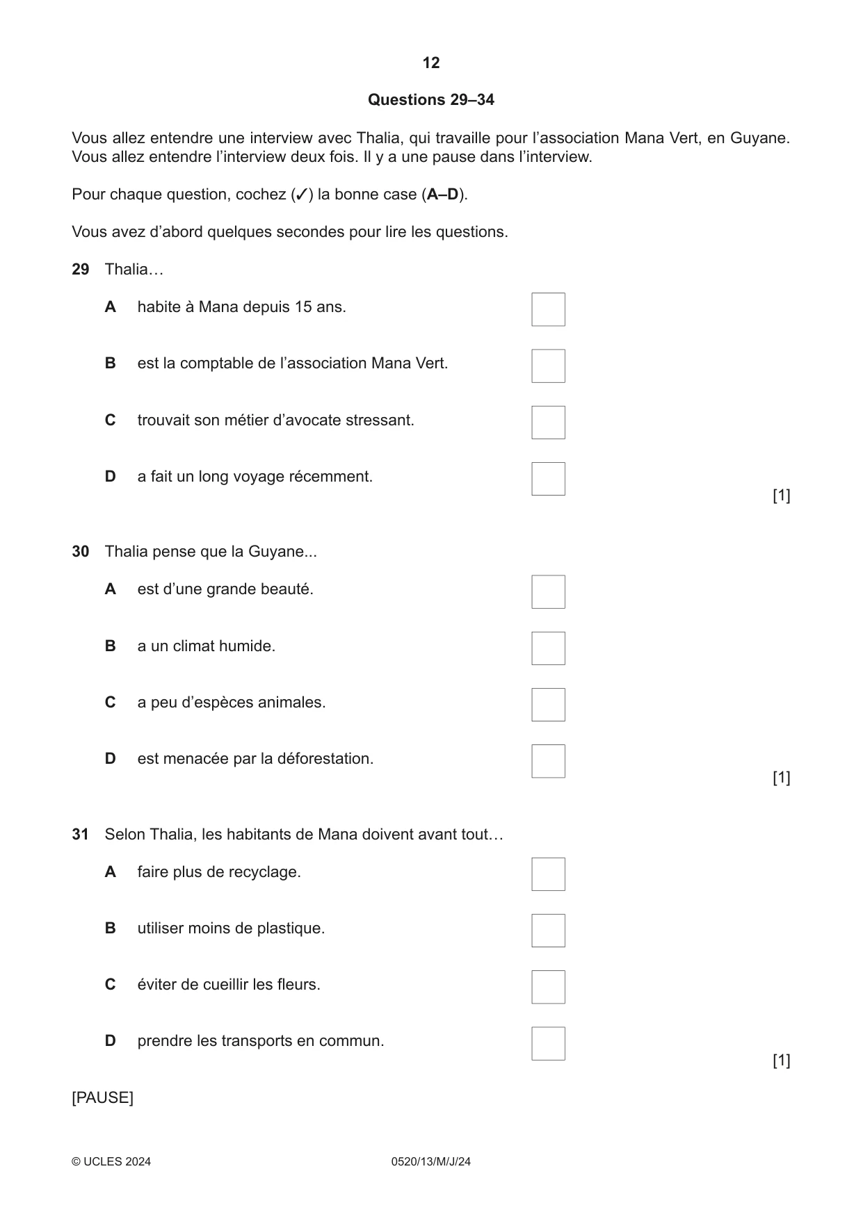 Cambridge IGCSE French - Foreign Language 0520 2024 May/June Paper 1 · Variant 3 question paper, page 12 of 16