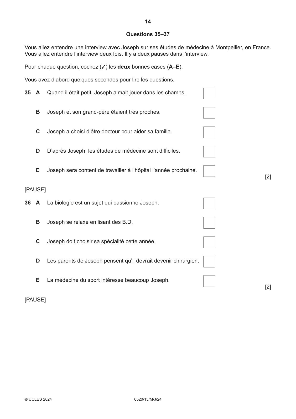 Cambridge IGCSE French - Foreign Language 0520 2024 May/June Paper 1 · Variant 3 question paper, page 14 of 16