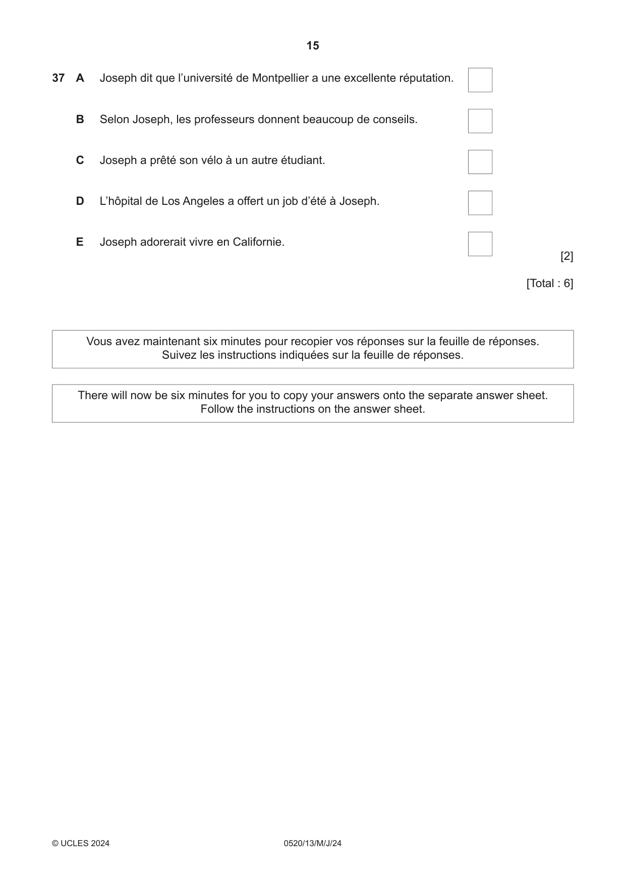Cambridge IGCSE French - Foreign Language 0520 2024 May/June Paper 1 · Variant 3 question paper, page 15 of 16