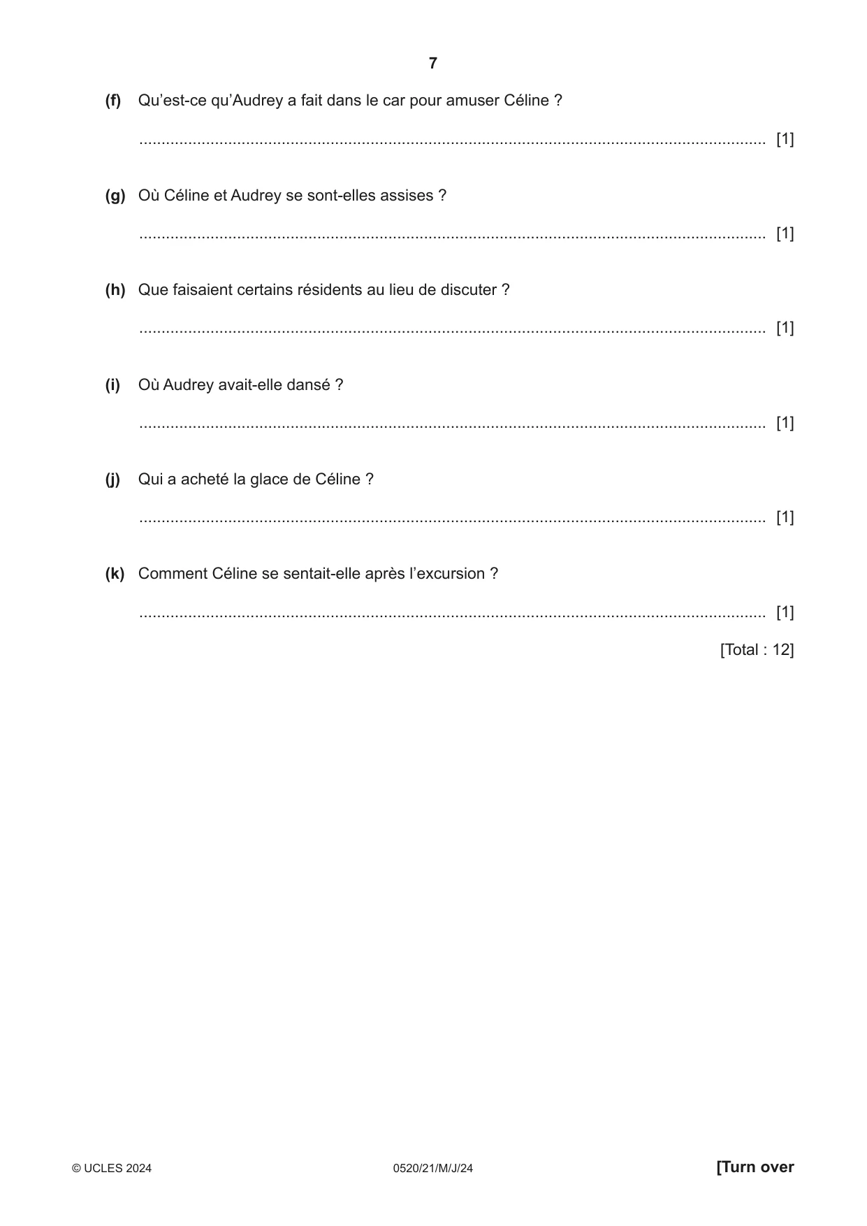 Cambridge IGCSE French - Foreign Language 0520 2024 May/June Paper 2 · Variant 1 question paper, page 7 of 12