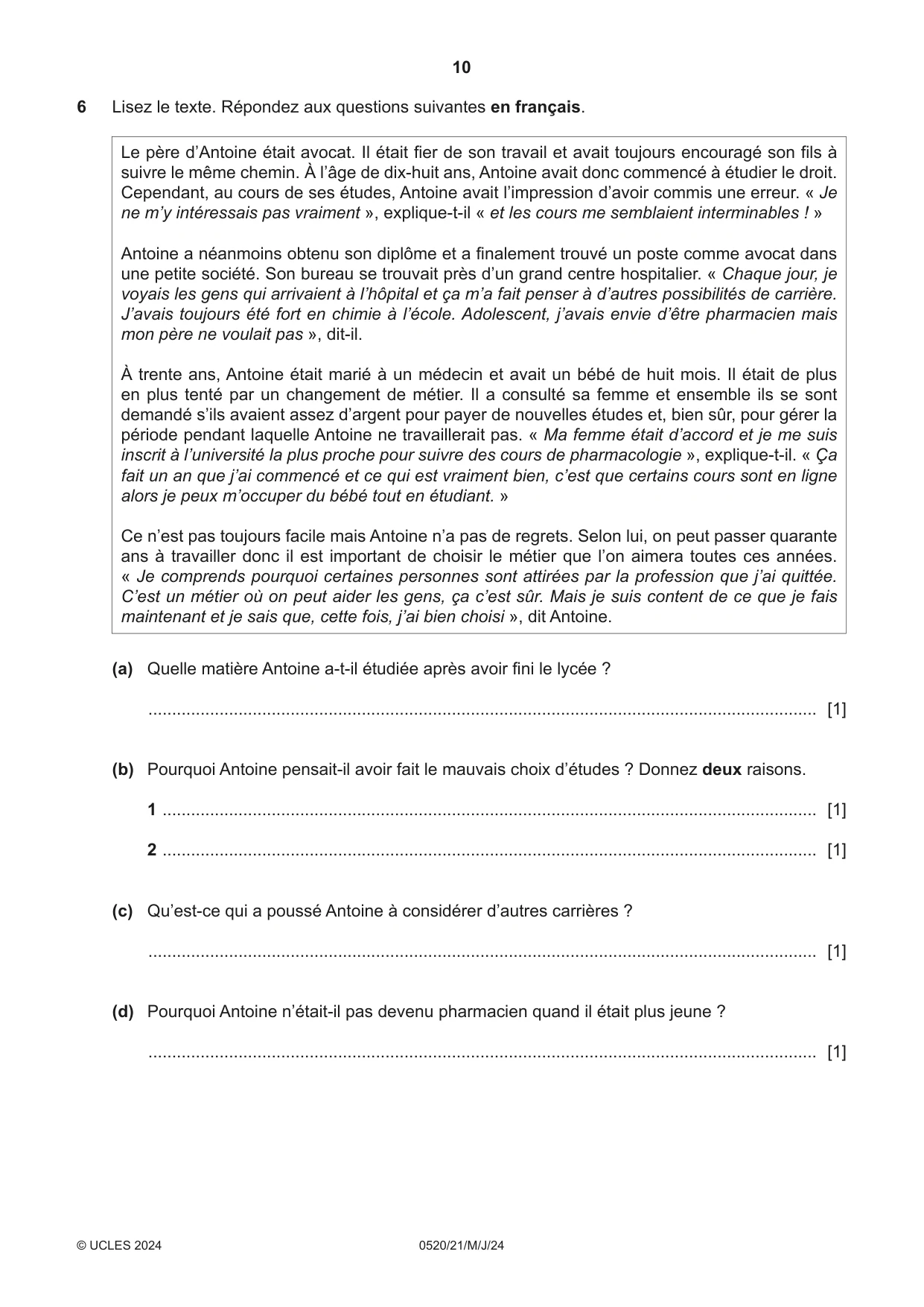 Cambridge IGCSE French - Foreign Language 0520 2024 May/June Paper 2 · Variant 1 question paper, page 10 of 12