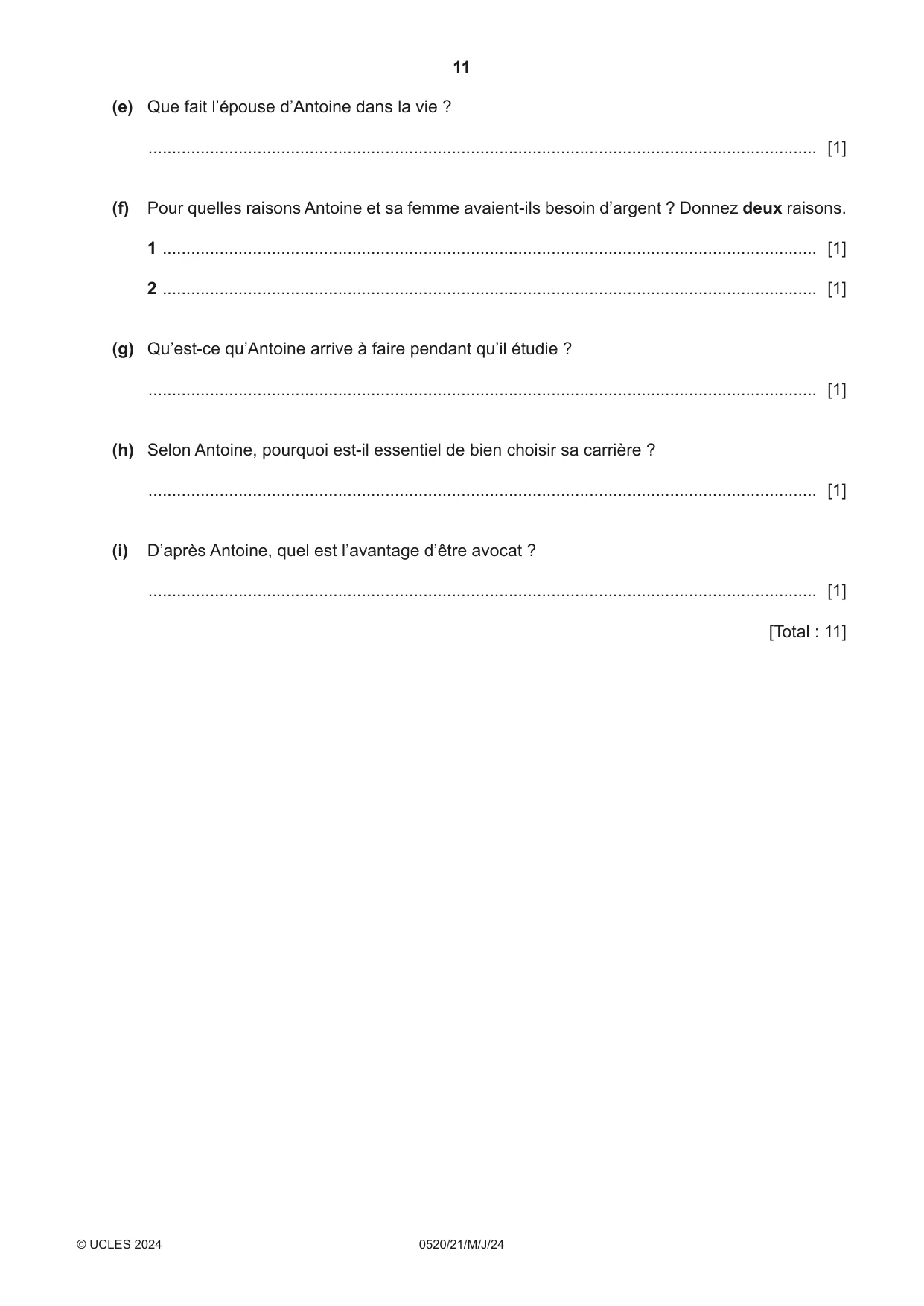 Cambridge IGCSE French - Foreign Language 0520 2024 May/June Paper 2 · Variant 1 question paper, page 11 of 12