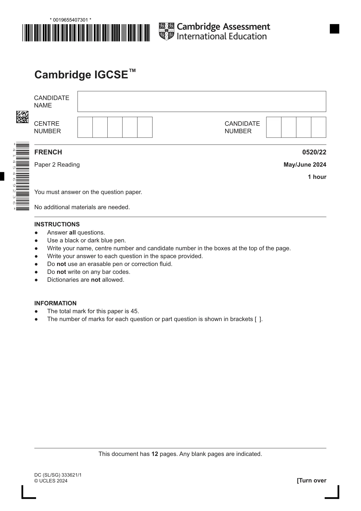 Cambridge IGCSE French - Foreign Language 0520 2024 May/June Paper 2 · Variant 2 question paper, page 1 of 12