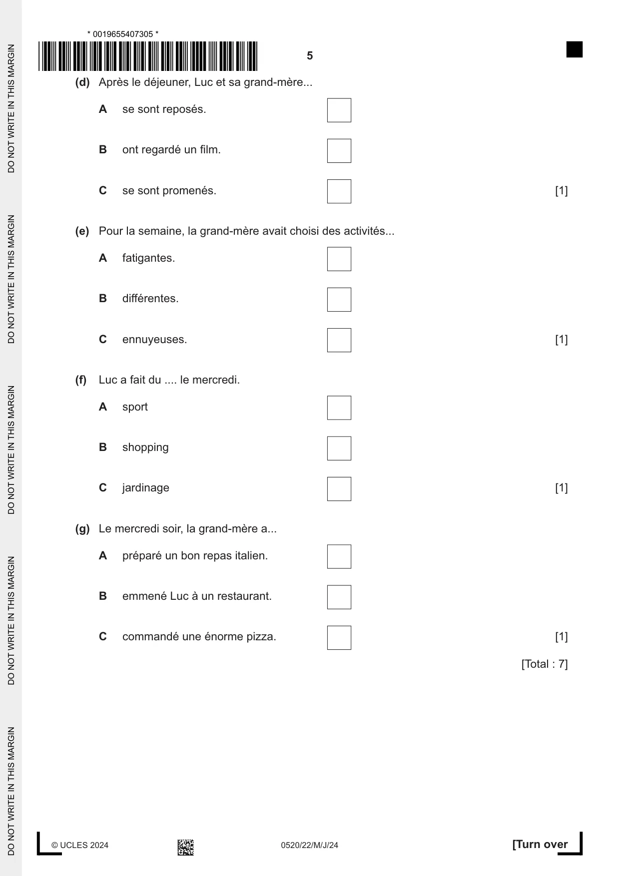 Cambridge IGCSE French - Foreign Language 0520 2024 May/June Paper 2 · Variant 2 question paper, page 5 of 12