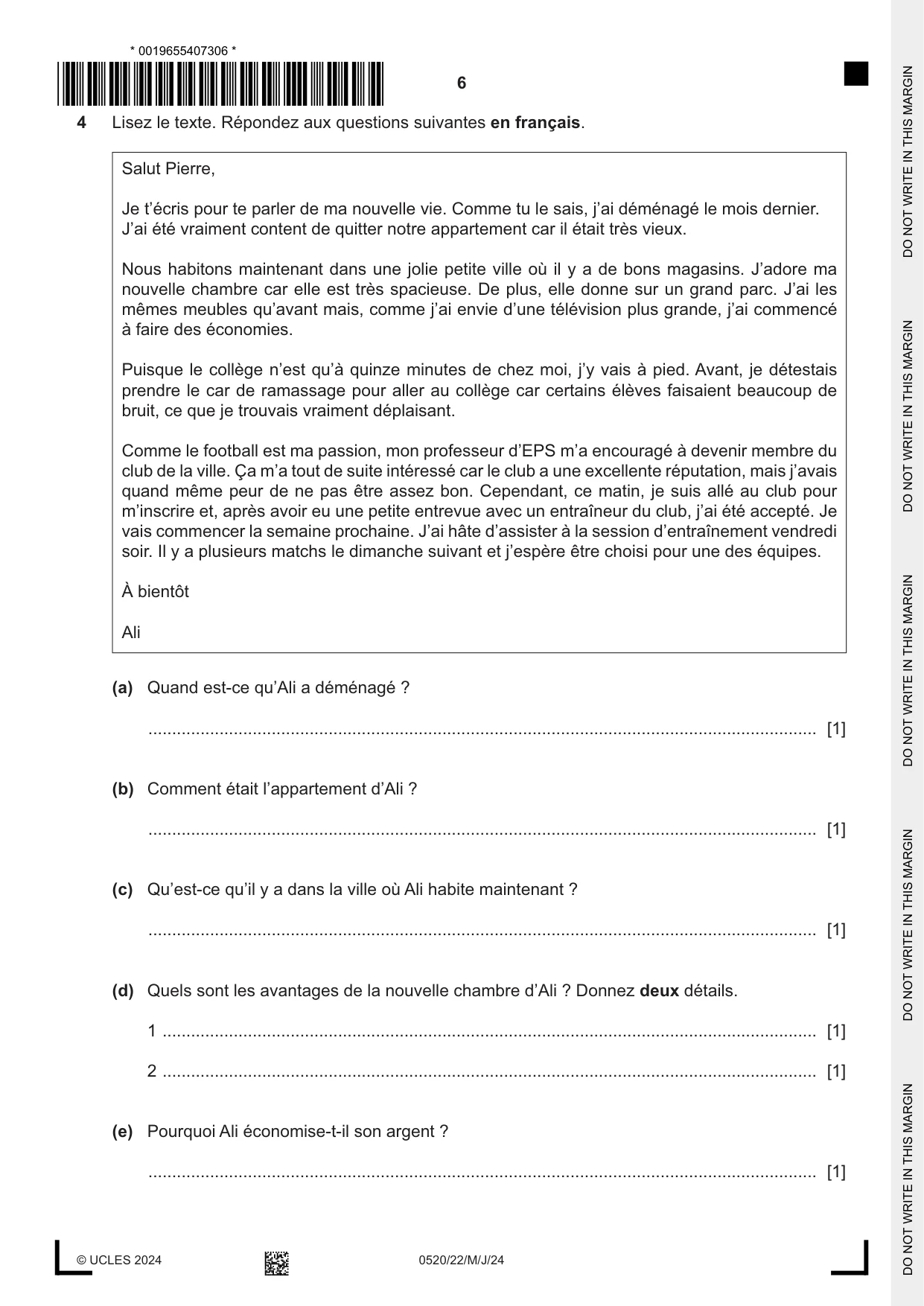 Cambridge IGCSE French - Foreign Language 0520 2024 May/June Paper 2 · Variant 2 question paper, page 6 of 12