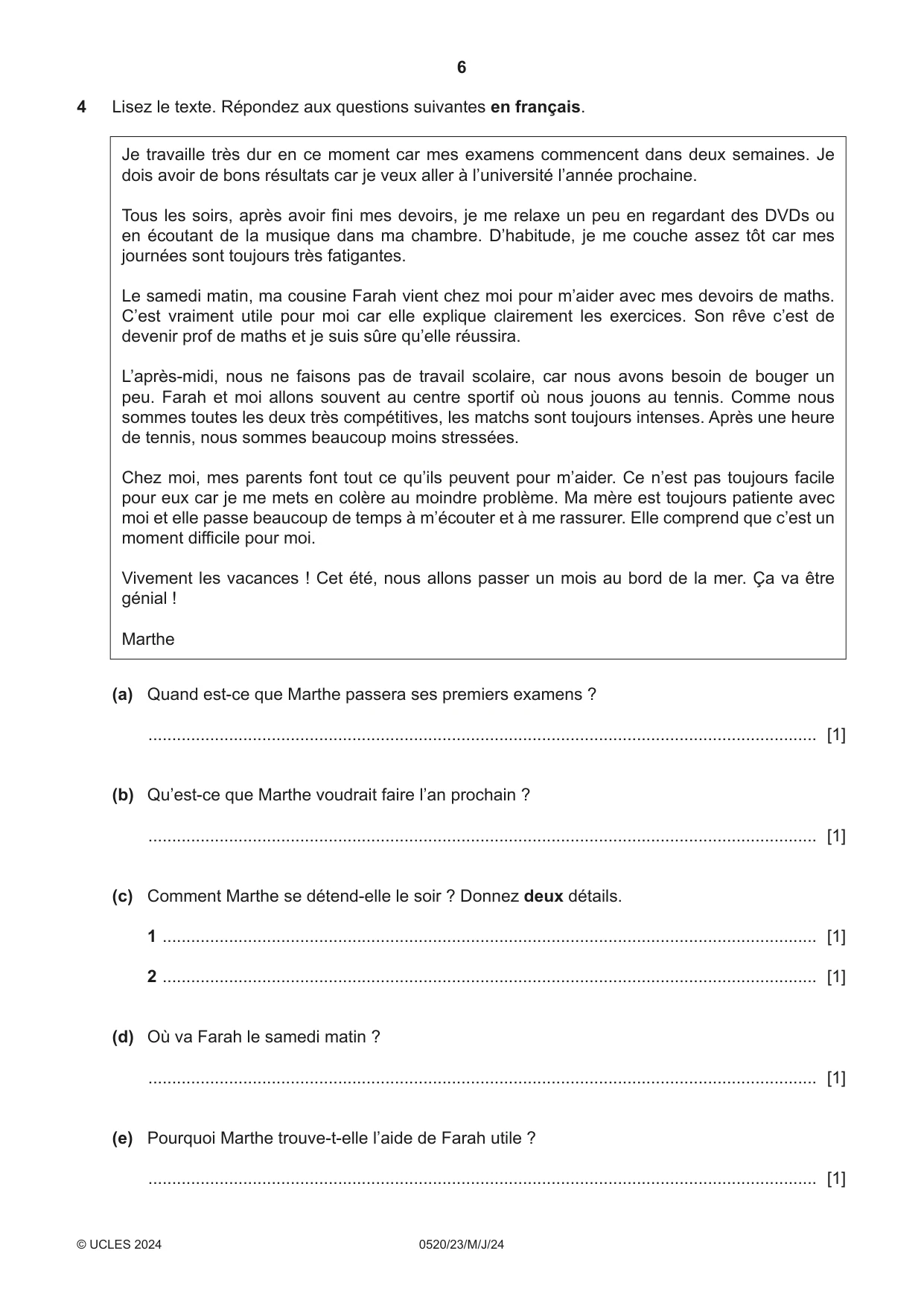 Cambridge IGCSE French - Foreign Language 0520 2024 May/June Paper 2 · Variant 3 question paper, page 6 of 12