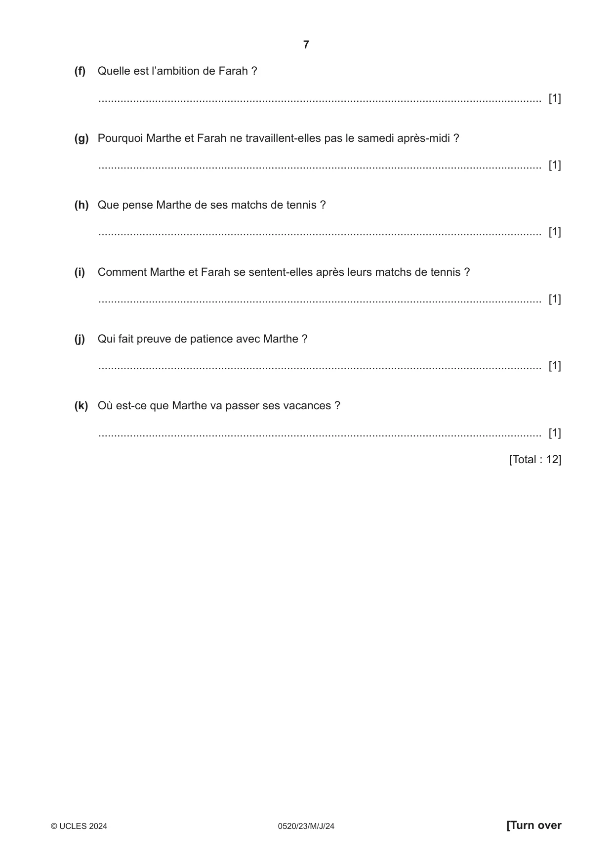 Cambridge IGCSE French - Foreign Language 0520 2024 May/June Paper 2 · Variant 3 question paper, page 7 of 12