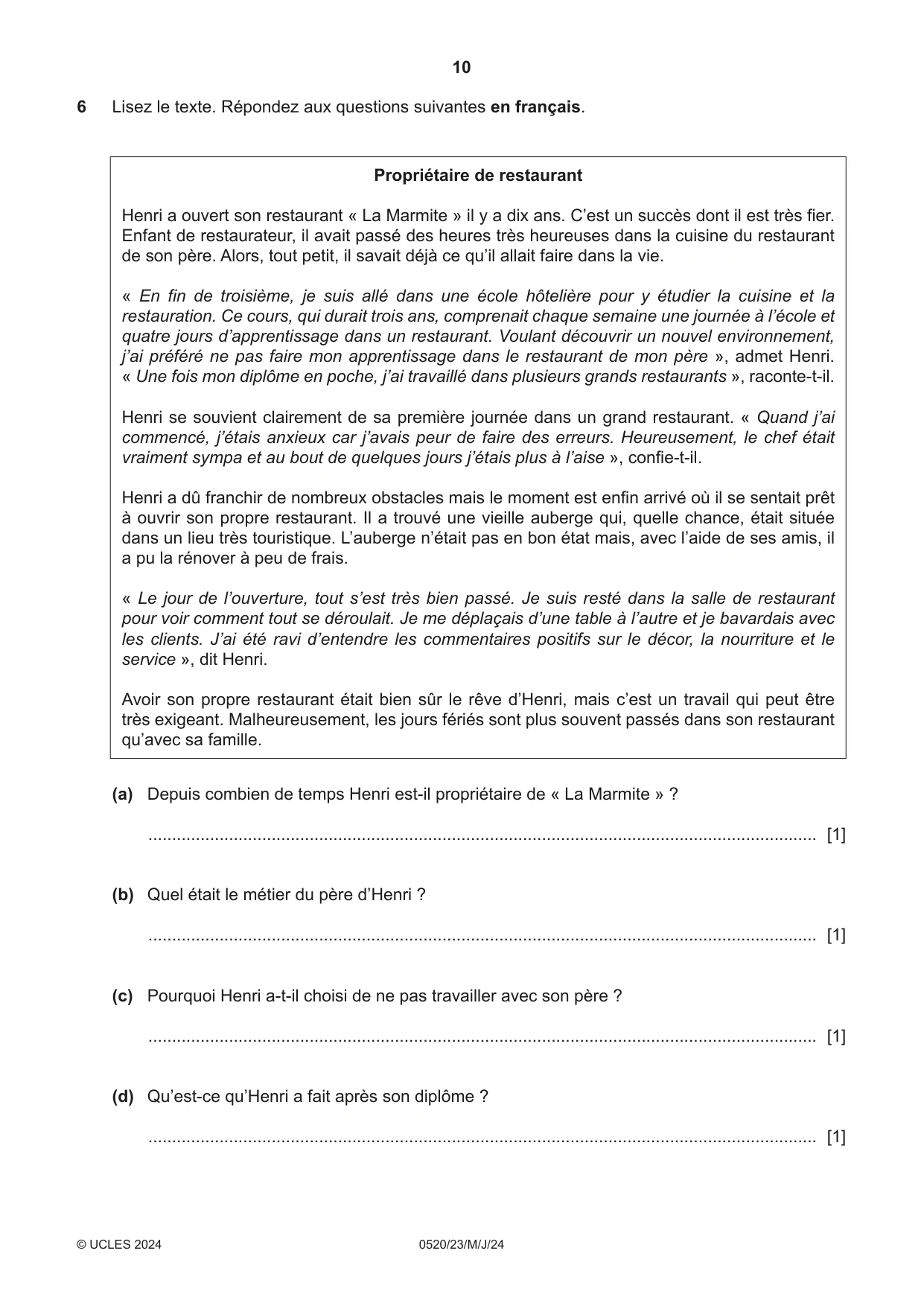 Cambridge IGCSE French - Foreign Language 0520 2024 May/June Paper 2 · Variant 3 question paper, page 10 of 12