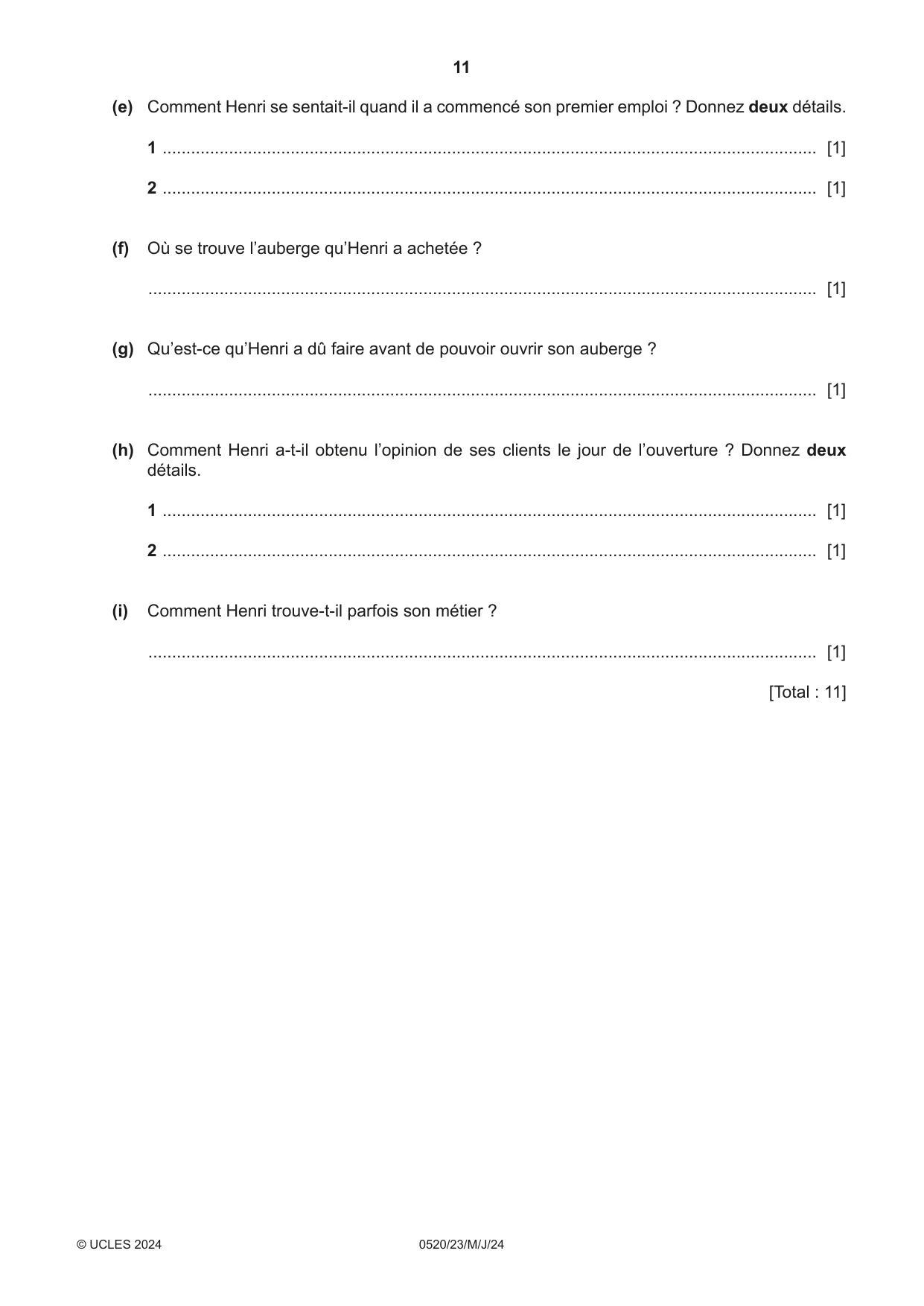 Cambridge IGCSE French - Foreign Language 0520 2024 May/June Paper 2 · Variant 3 question paper, page 11 of 12