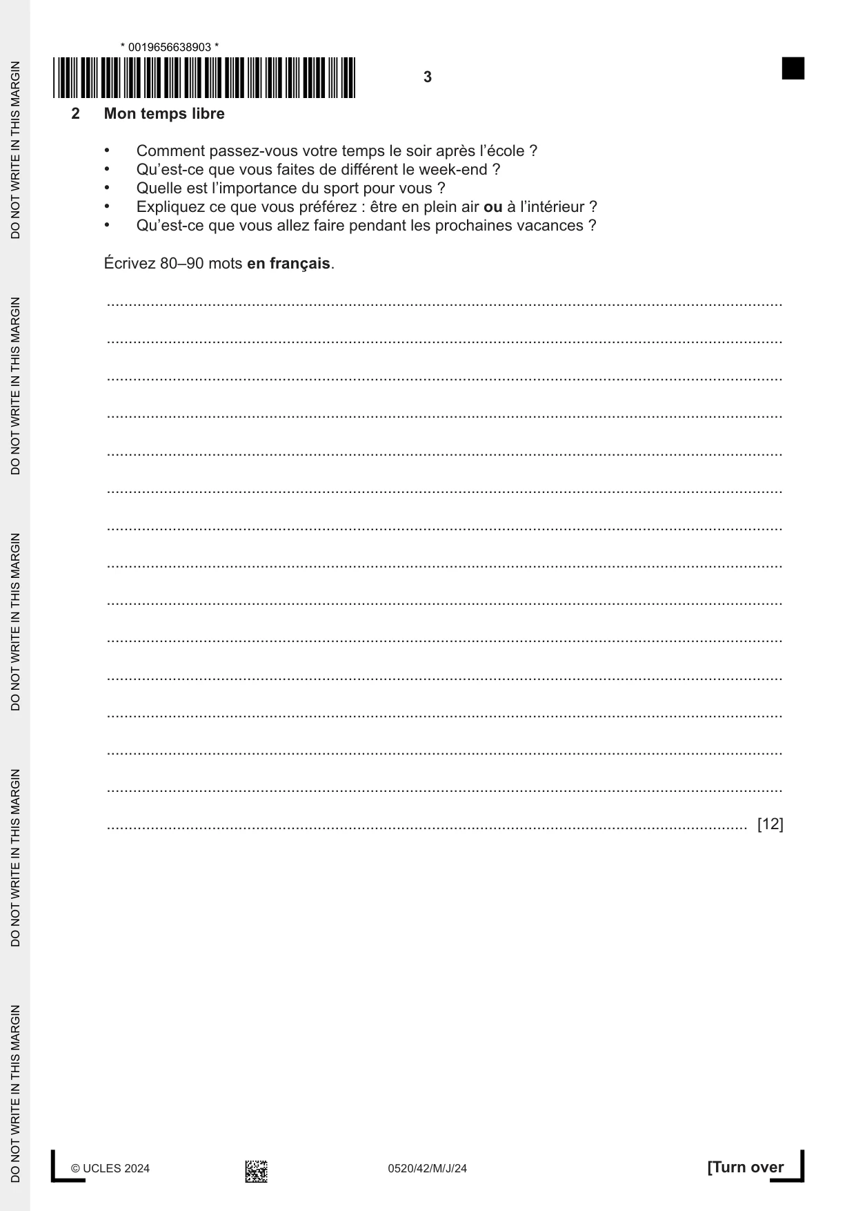 Cambridge IGCSE French - Foreign Language 0520 2024 May/June Paper 4 · Variant 2 question paper, page 3 of 8