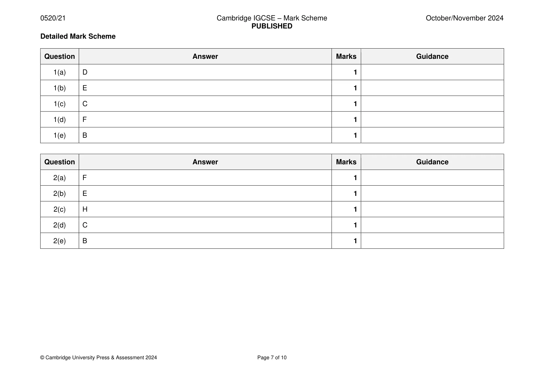 Mark scheme, page 7 of 10