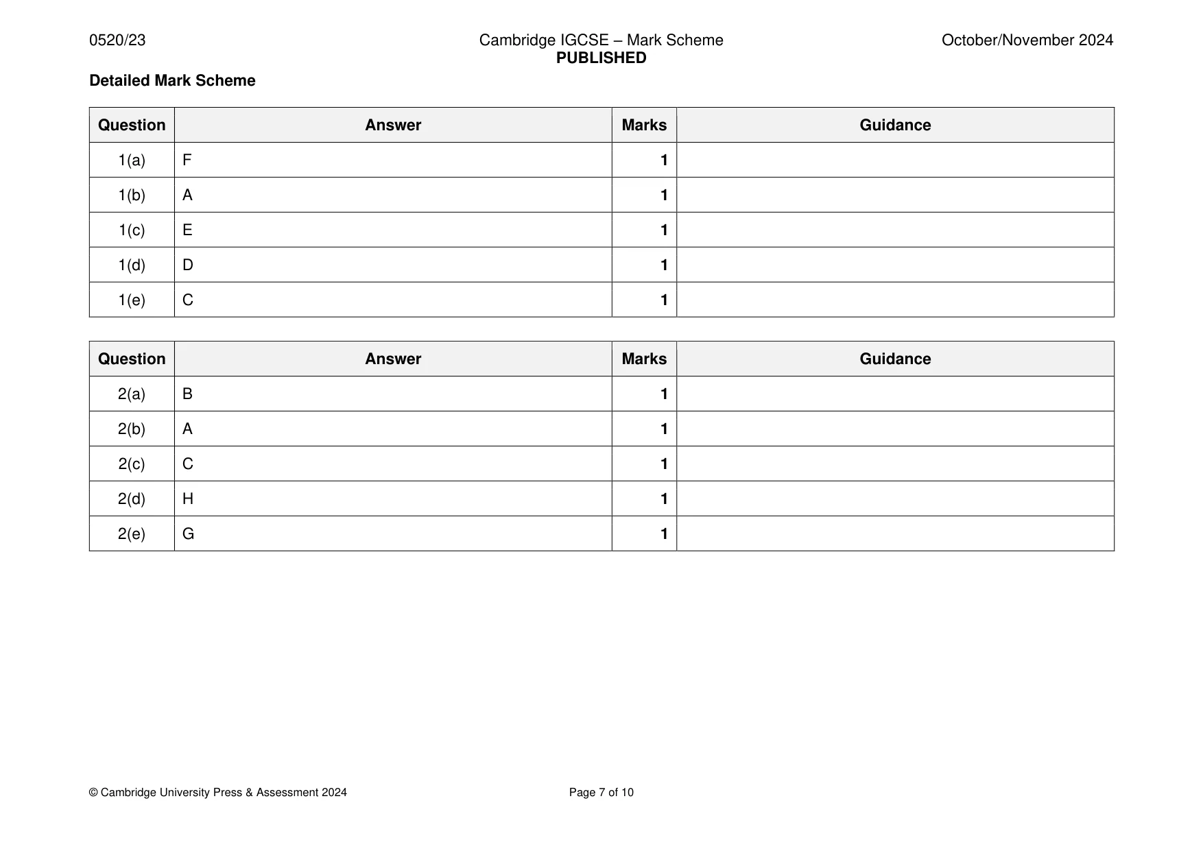 Mark scheme, page 7 of 10