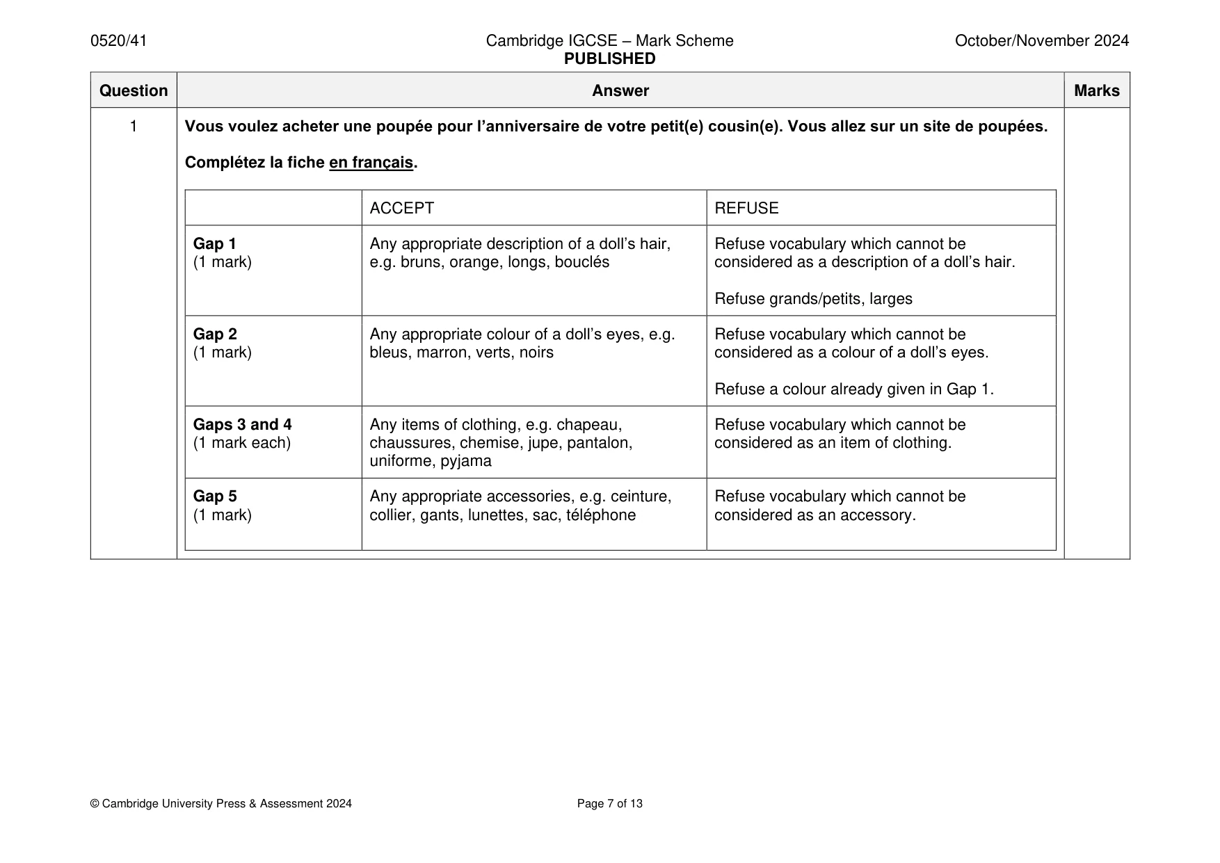 Mark scheme, page 7 of 13