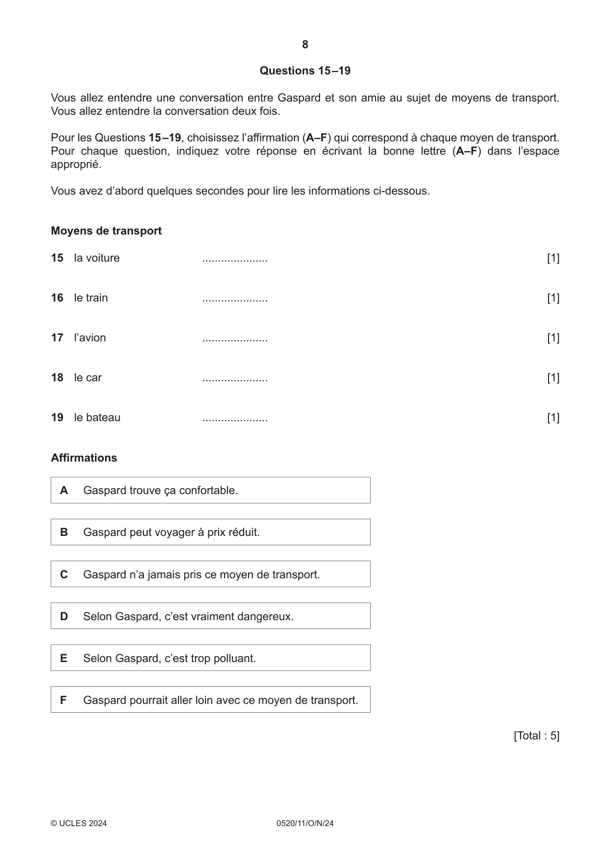 Cambridge IGCSE French - Foreign Language 0520 2024 Oct/Nov Paper 1 · Variant 1 question paper, page 8 of 16