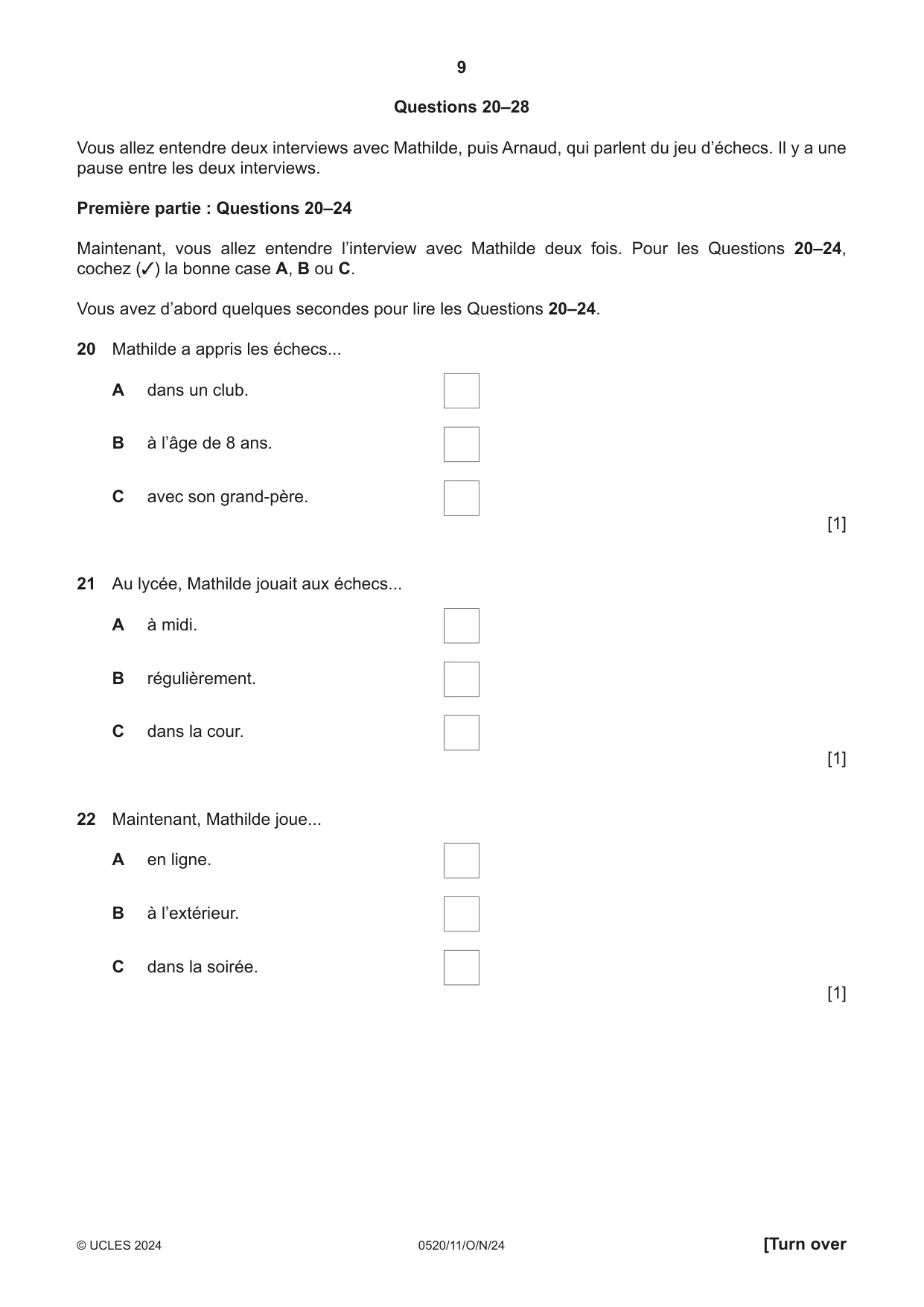 Cambridge IGCSE French - Foreign Language 0520 2024 Oct/Nov Paper 1 · Variant 1 question paper, page 9 of 16