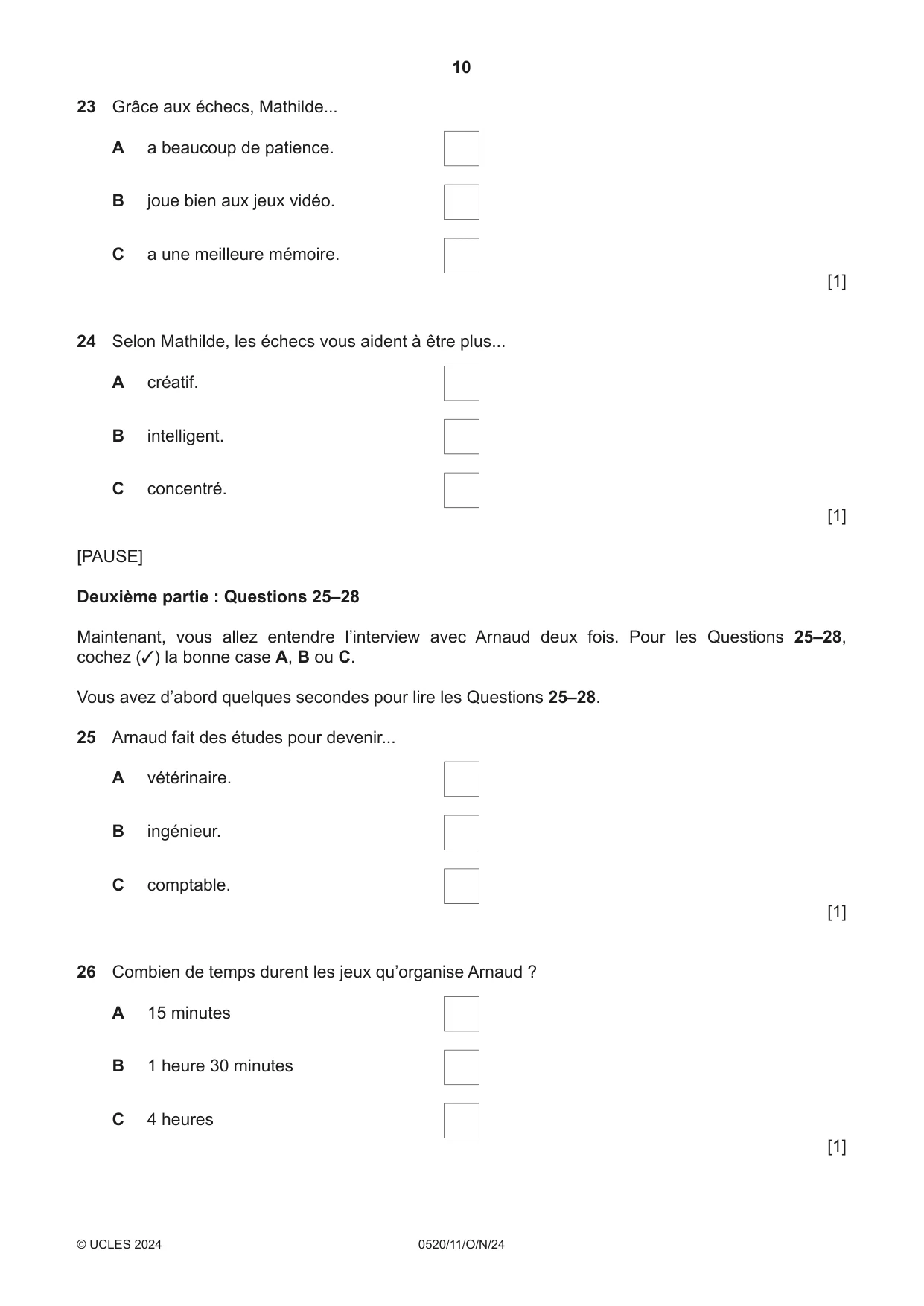 Cambridge IGCSE French - Foreign Language 0520 2024 Oct/Nov Paper 1 · Variant 1 question paper, page 10 of 16