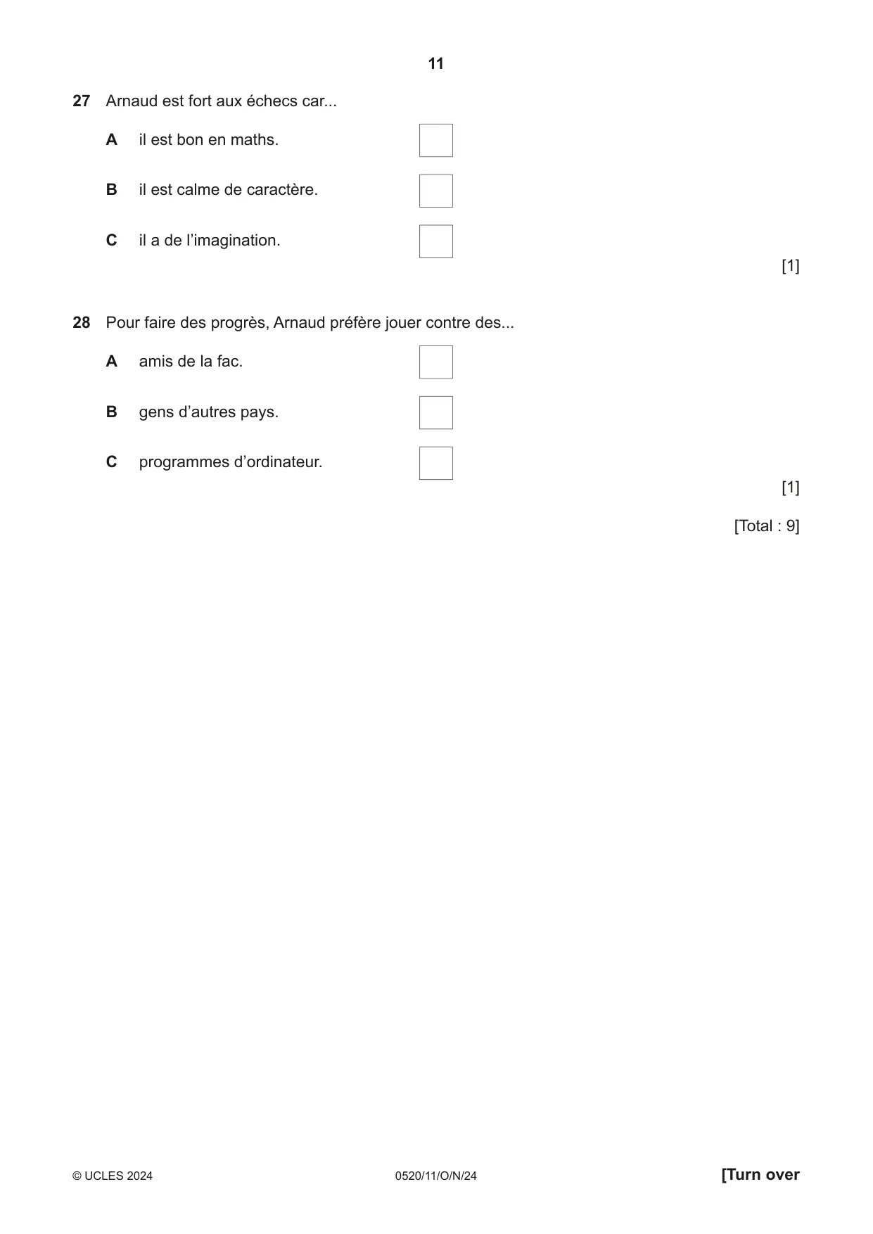 Cambridge IGCSE French - Foreign Language 0520 2024 Oct/Nov Paper 1 · Variant 1 question paper, page 11 of 16